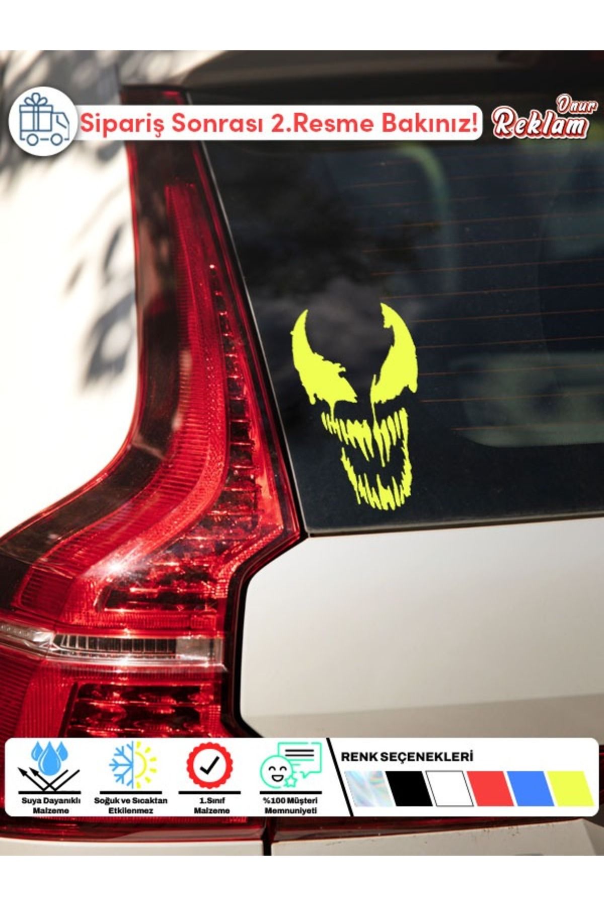 Onur Reklam Venom Gülüşü Sticker – Araç Camı İçin Fosfor Sarı Tasarım Etiketi