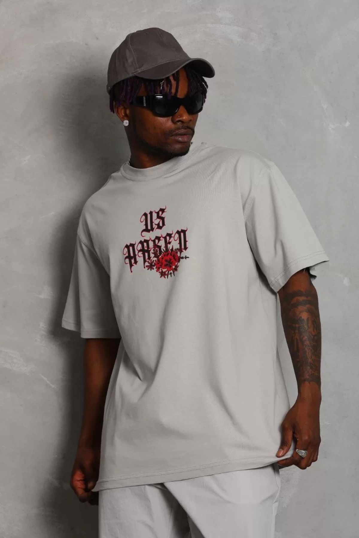 FantaziAtölyesi Unisex Oversize Baskılı Bisiklet Yaka T-Shirt - Gri