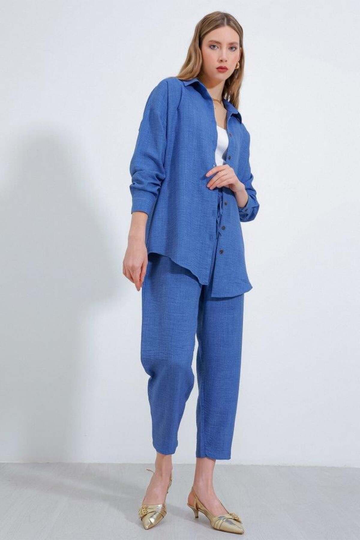 modamtn İndigo Oversize Keten Alt Üst Takım 6622