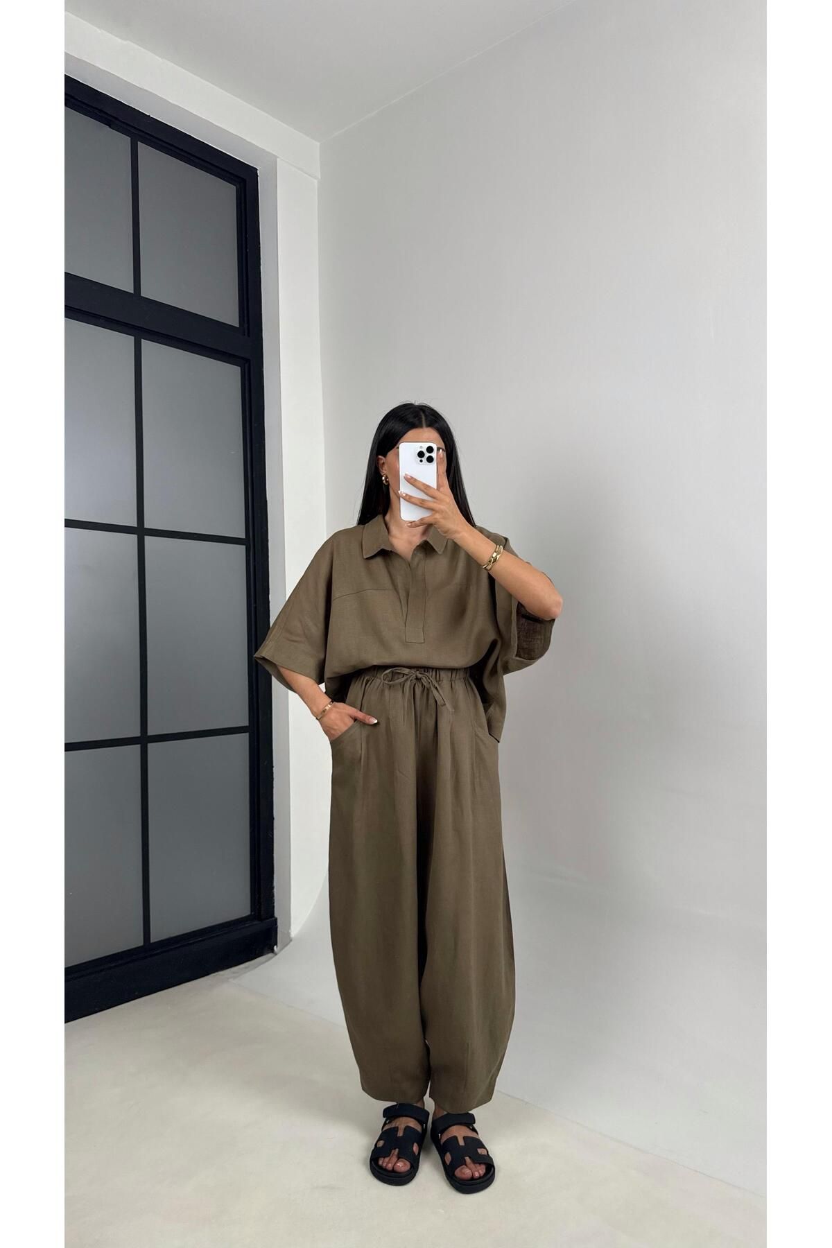 Gaus Haki Polo Yaka Yarasa Kol Bluz Şalvar Pantolon Md Muadil Premium Keten Takım Gaus00542