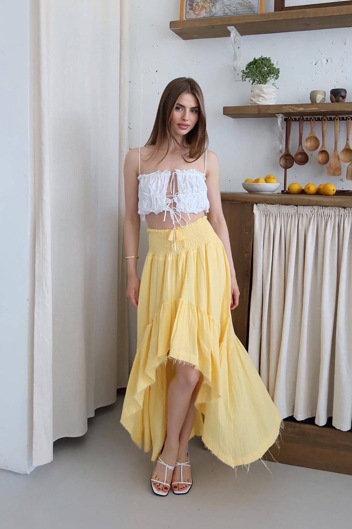 Neşeli Butik kadın müslin kumaş asimetrik etek NBNP011