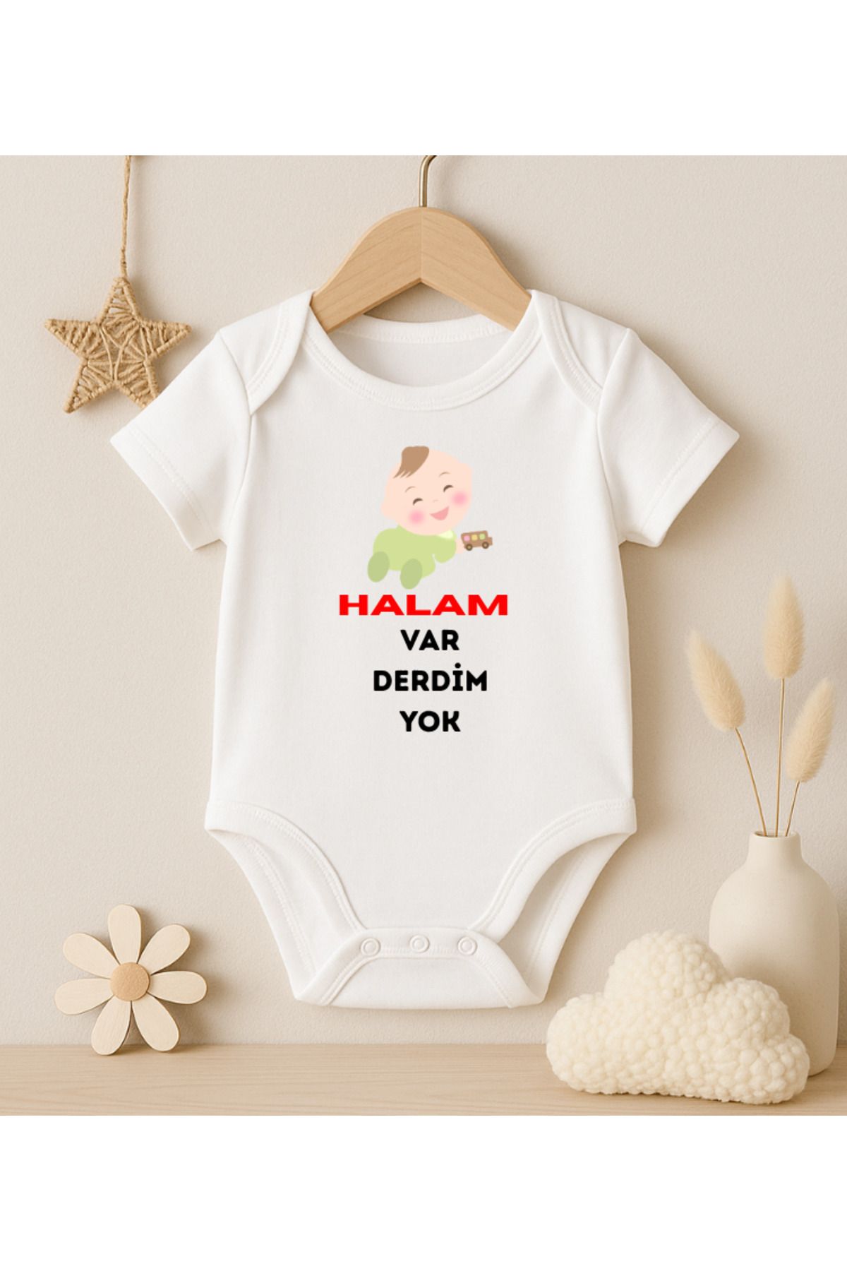 MODAT Halam Var Derdim Yok Yazılı Baskılı Bebek Badi Zıbın