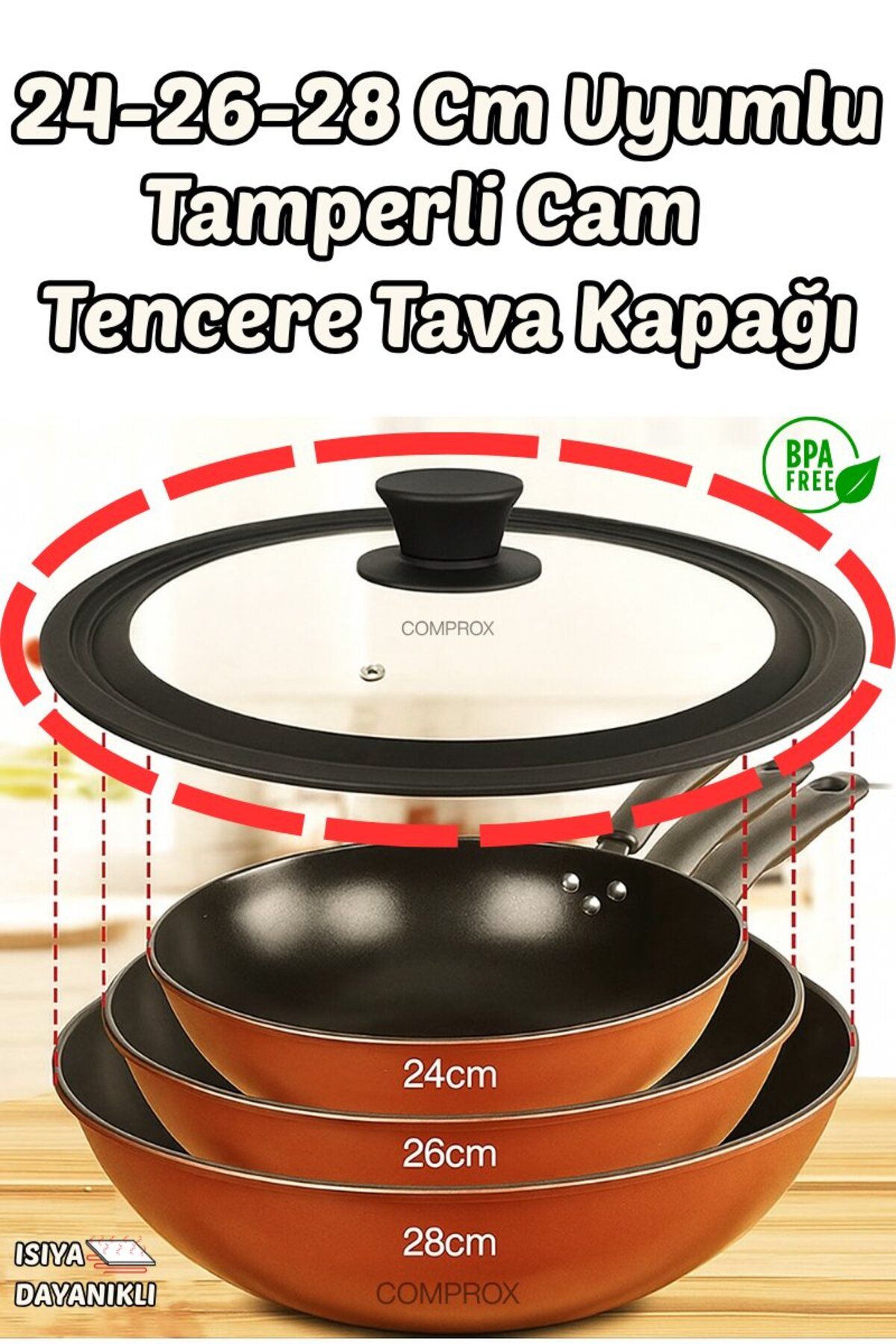 Comprox (24-26-28 cm) Tencere ve Tava ile Uyumlu Isıya Dayanıklı Silikon Kenarlı Cam Kapak Tava Kapağı