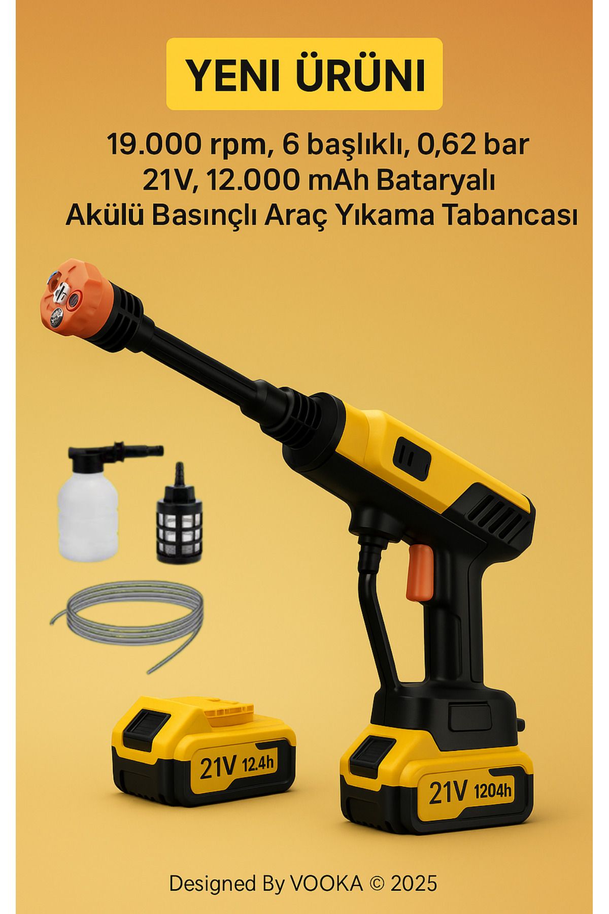 VOOKA 21V 12.000 mAh Turbo Kablosuz Akülü Basınçlı Yıkama Tabancası – Araç, Motor Cam & Bahçe 62 Bar