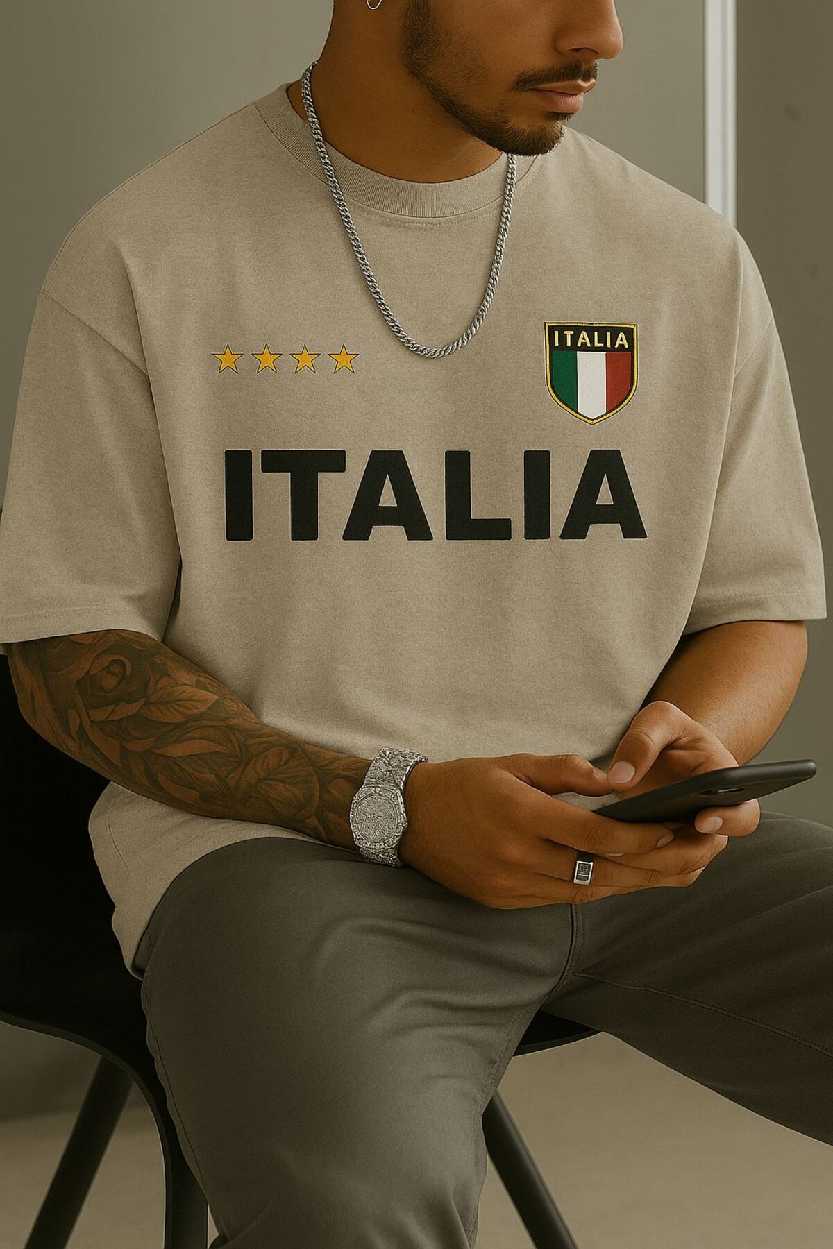 New Shine Italia İtalya Baskılı Büyük Beden Oversize T-Shirt