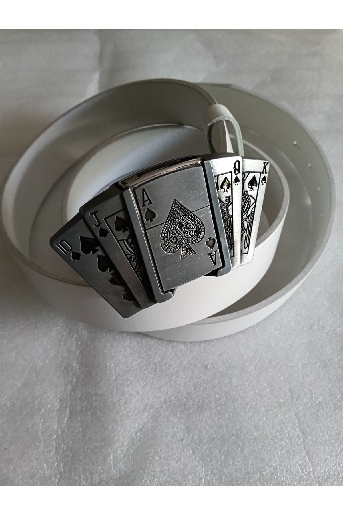 Butik Tülin Unisex otantik hakiki dana derisi beyaz gümüş poker maça royal flush kovboy tokalı kemer Tayland