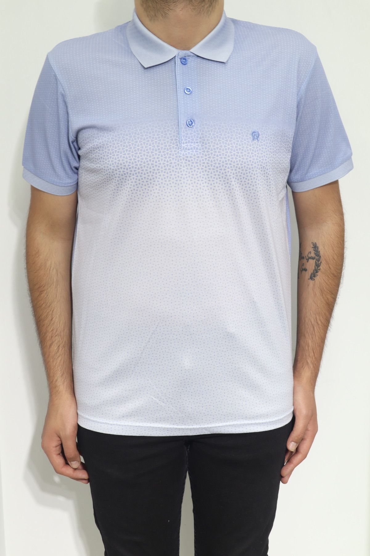 Özhürmet Triko DMC TEKSTİL Erkek Koyu Mavi Dijital Baskılı Desenli Klasik Rahat Kalıp Cepsiz Polo Yaka T-Shirt