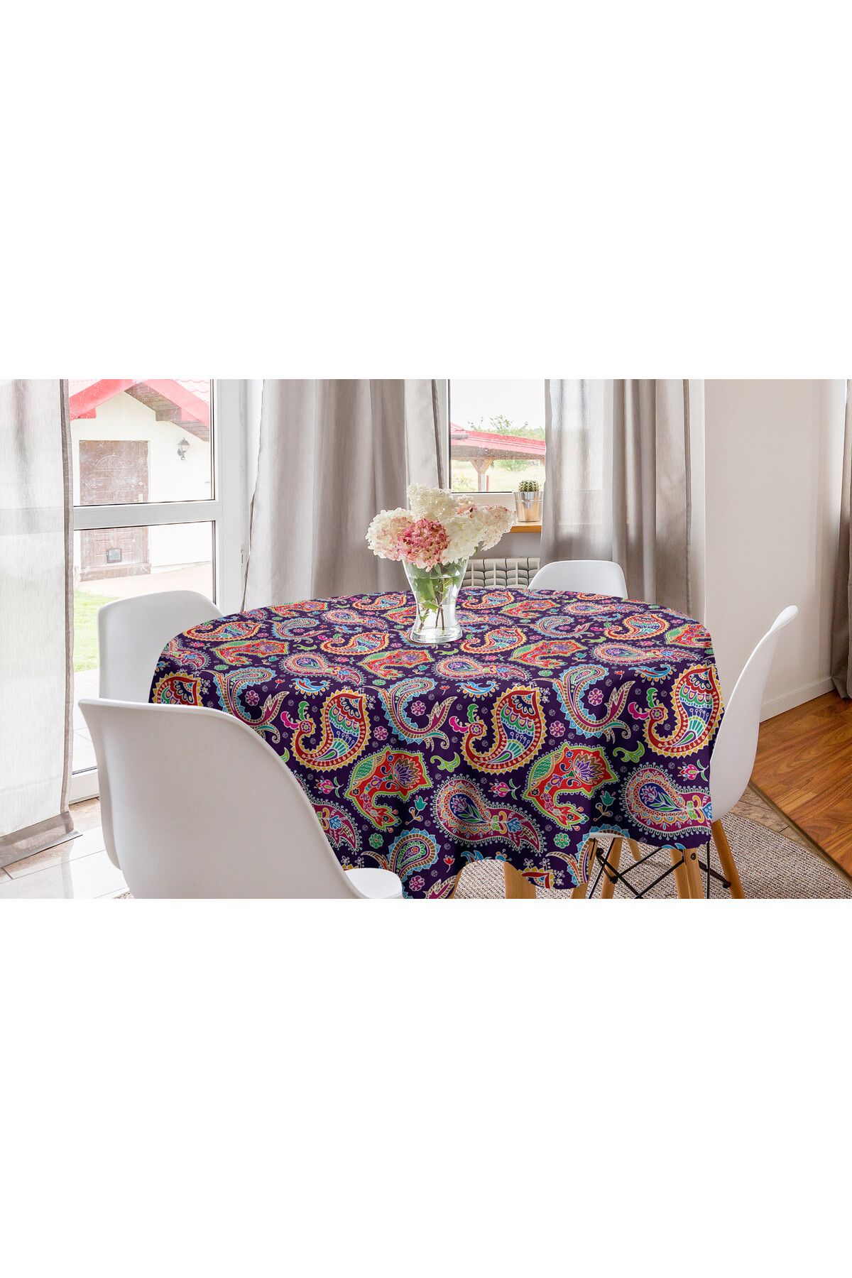 Rengirenk Paisley Desenli, Retro Hippi Motifleri Yuvarlak Masa Örtüsü, Mor