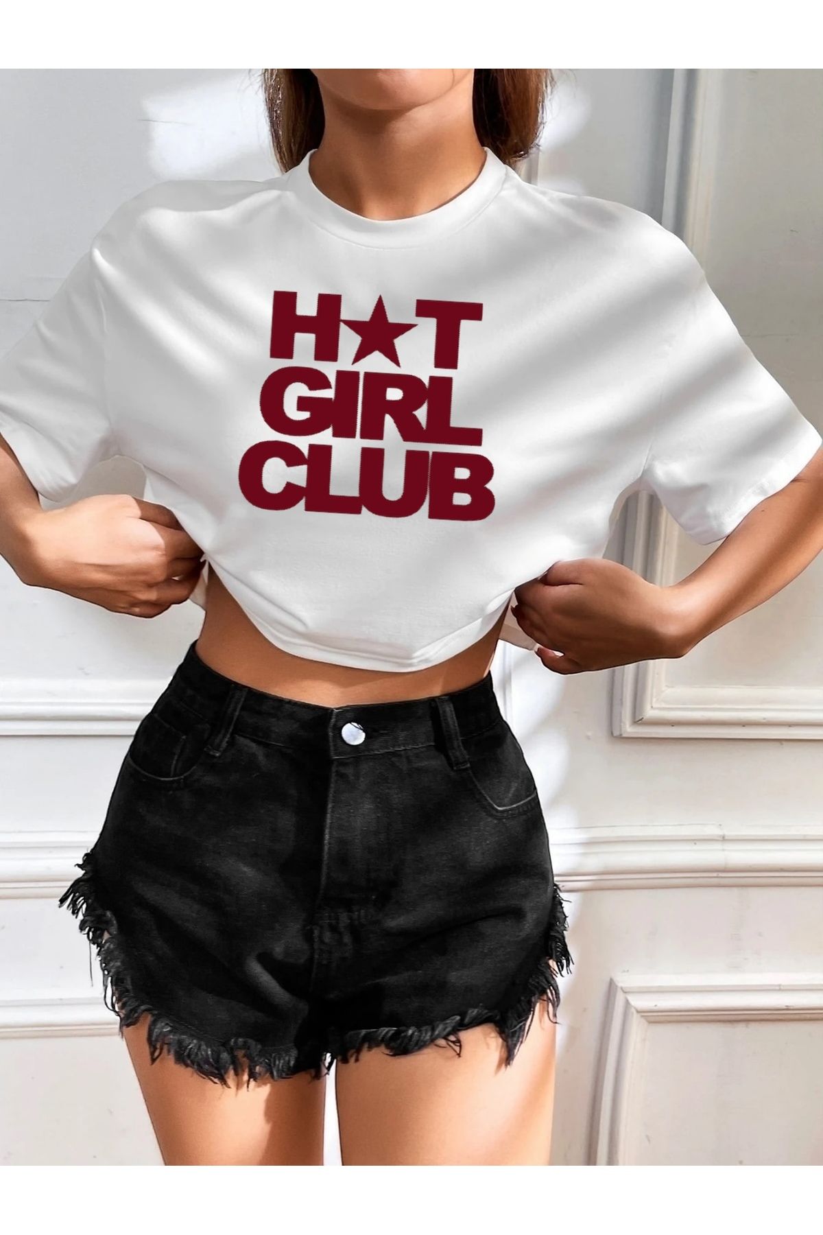 SOHR Kadın Oversize Crop Hot Girl Club Tasarım T-shirt