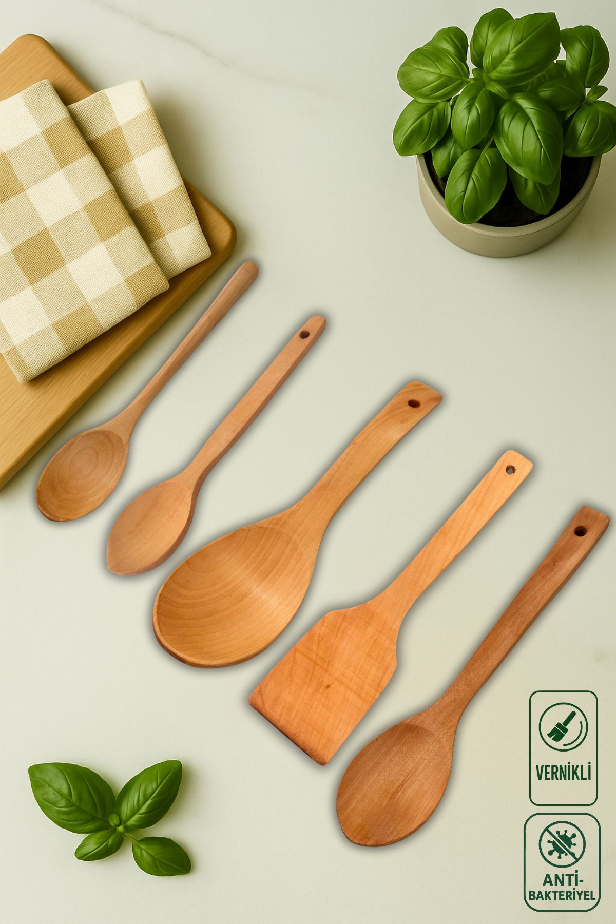 Ülgenev 5'li Bambu Tahta Kaşık Seti Pilav,Sos, Ölçü ve Mama Kaşığı, Spatula Ahşap Mutfak Seti, Çeyizlik