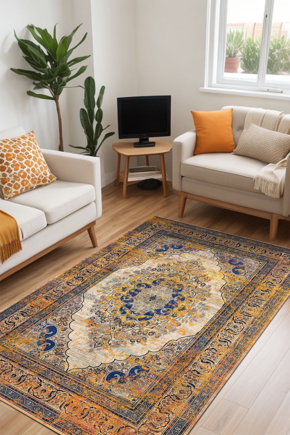 Lattedizayn Lubne Eskitme Vintage Yıkanabilir Kaymaz Pamuk Taban Kadife Salon Mutfak Halısı Yolluk Kilim