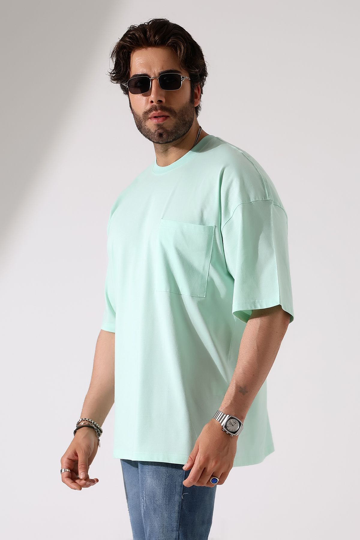 GÖMLEKÇİNİZ Oversize Bisiklet Yaka Cep Detaylı Salaş T-Shirt