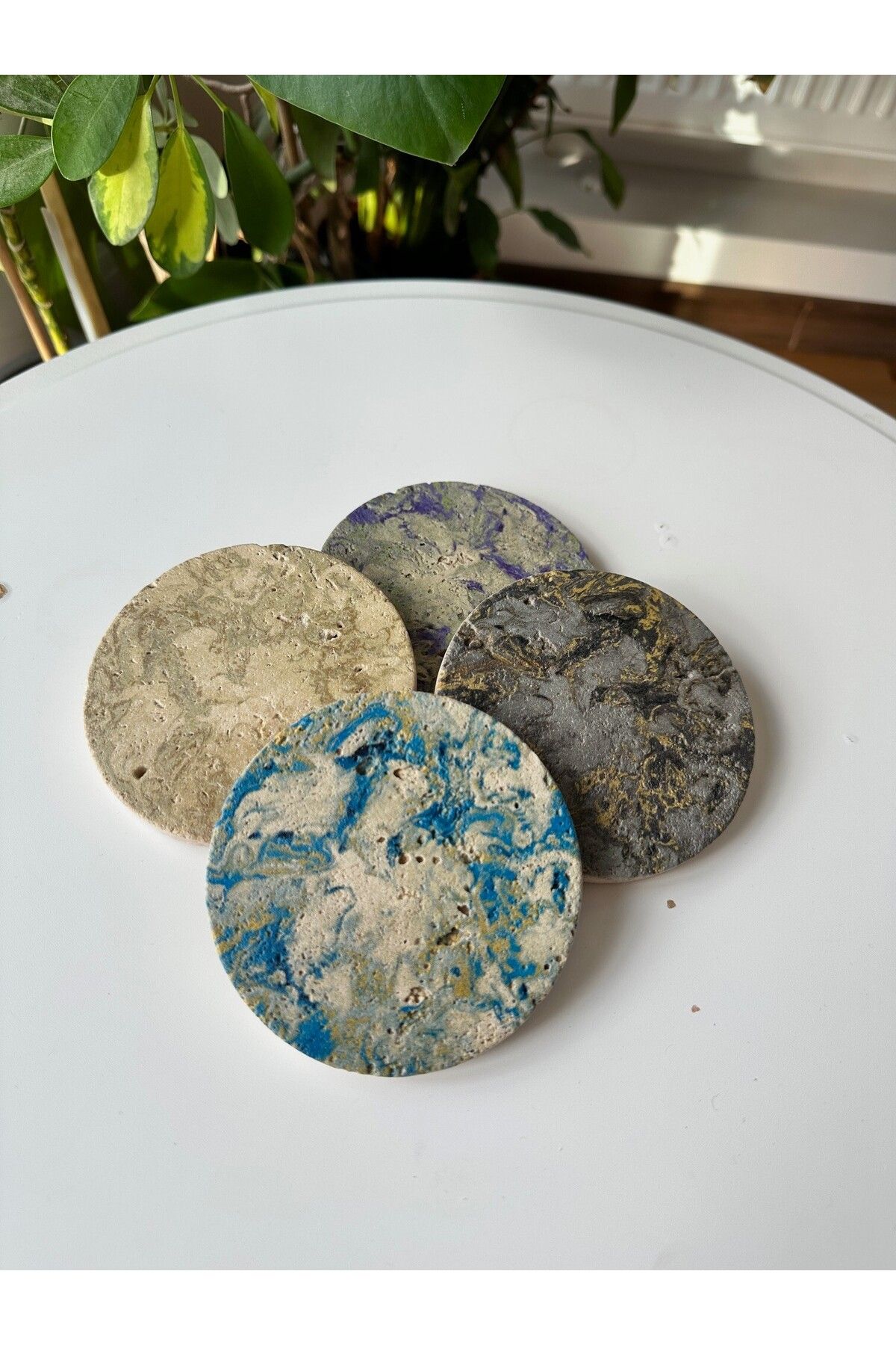 Oscar Stone Decor Doğal Taş Yuvarlak Mermer (TRAVERTEN) Bardak Altlığı Stone Coasters 4’lü Set