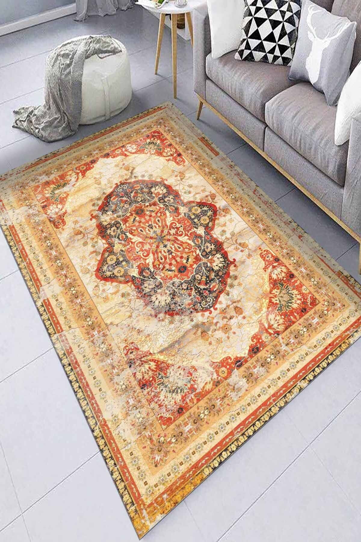 Lattedizayn Cemir Eskitme Yıkanabilir Kaymaz Pamuk Taban Kadife Salon Mutfak Halısı Yolluk Kilim