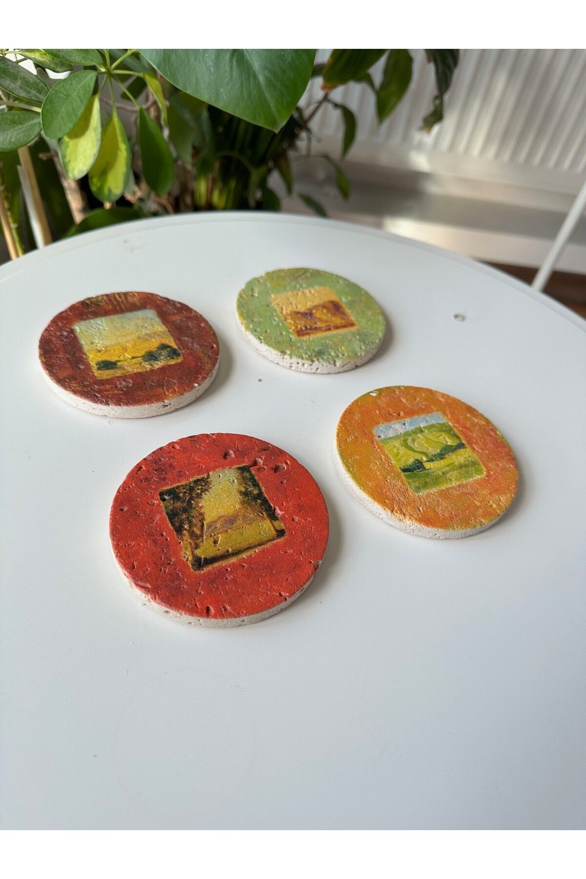 Oscar Stone Decor Doğal Taş Baskılı Yuvarlak Mermer (TRAVERTEN) Bardak Altlığı Stone Coasters 4’lü Set