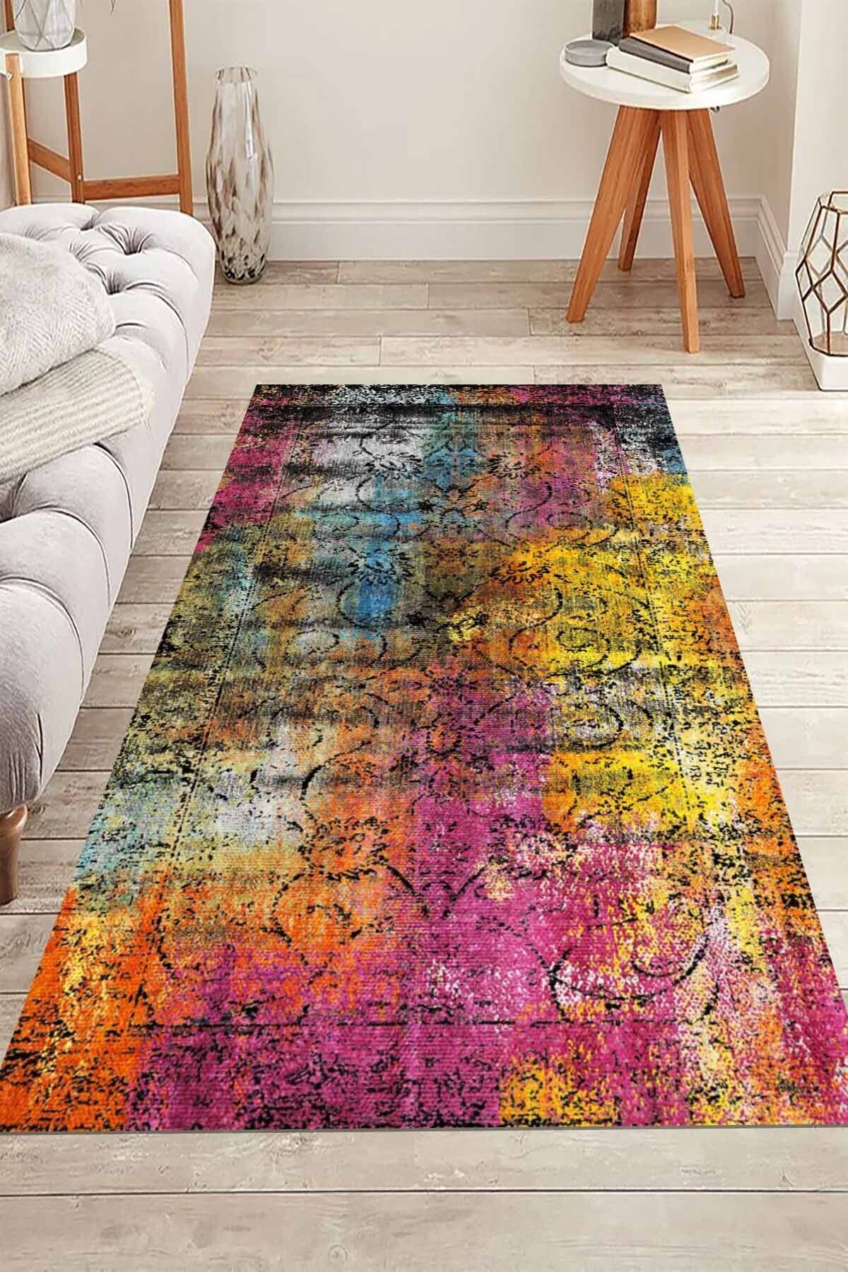 Lattedizayn Bloms Eskitme Yıkanabilir Kaymaz Pamuk Taban Kadife Salon Mutfak Halısı Yolluk Kilim