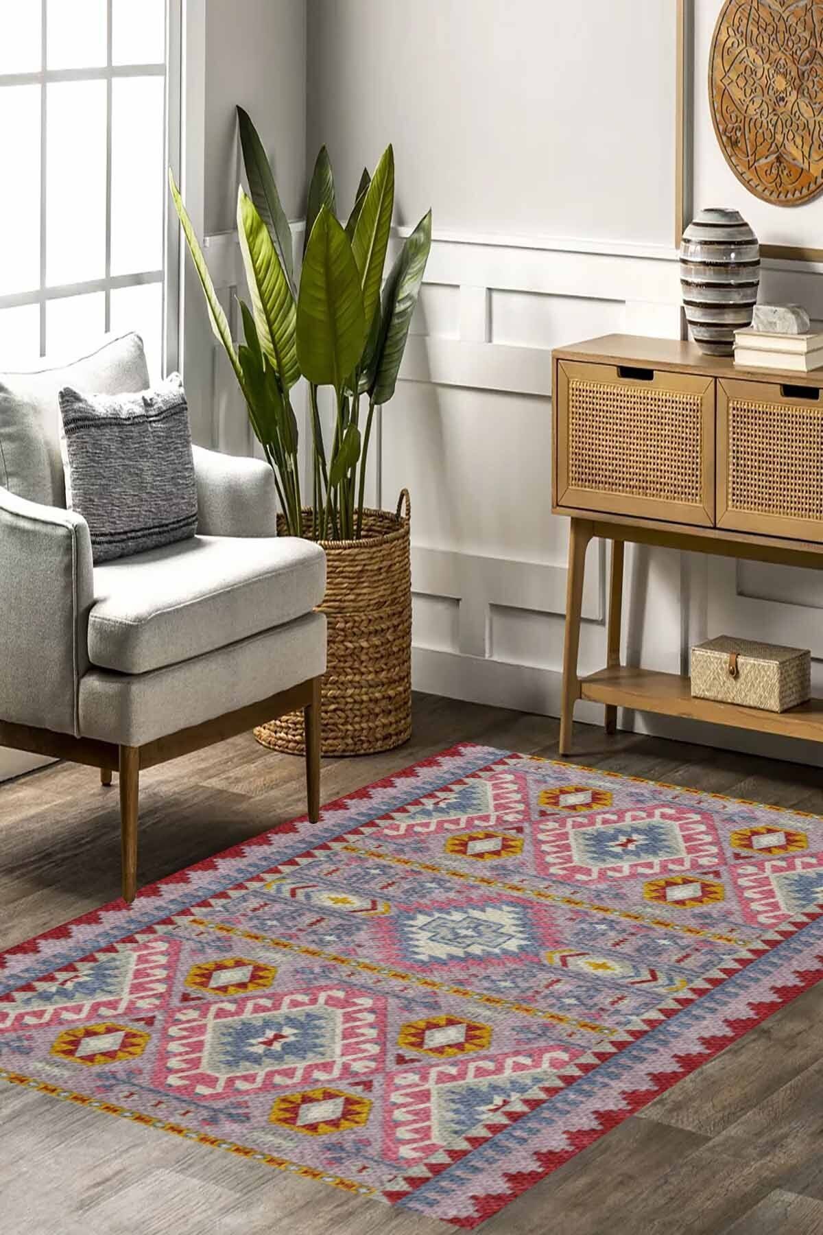 Lattedizayn Clavel Eskitme Yıkanabilir Kaymaz Pamuk Taban Kadife Salon Mutfak Halısı Yolluk Kilim