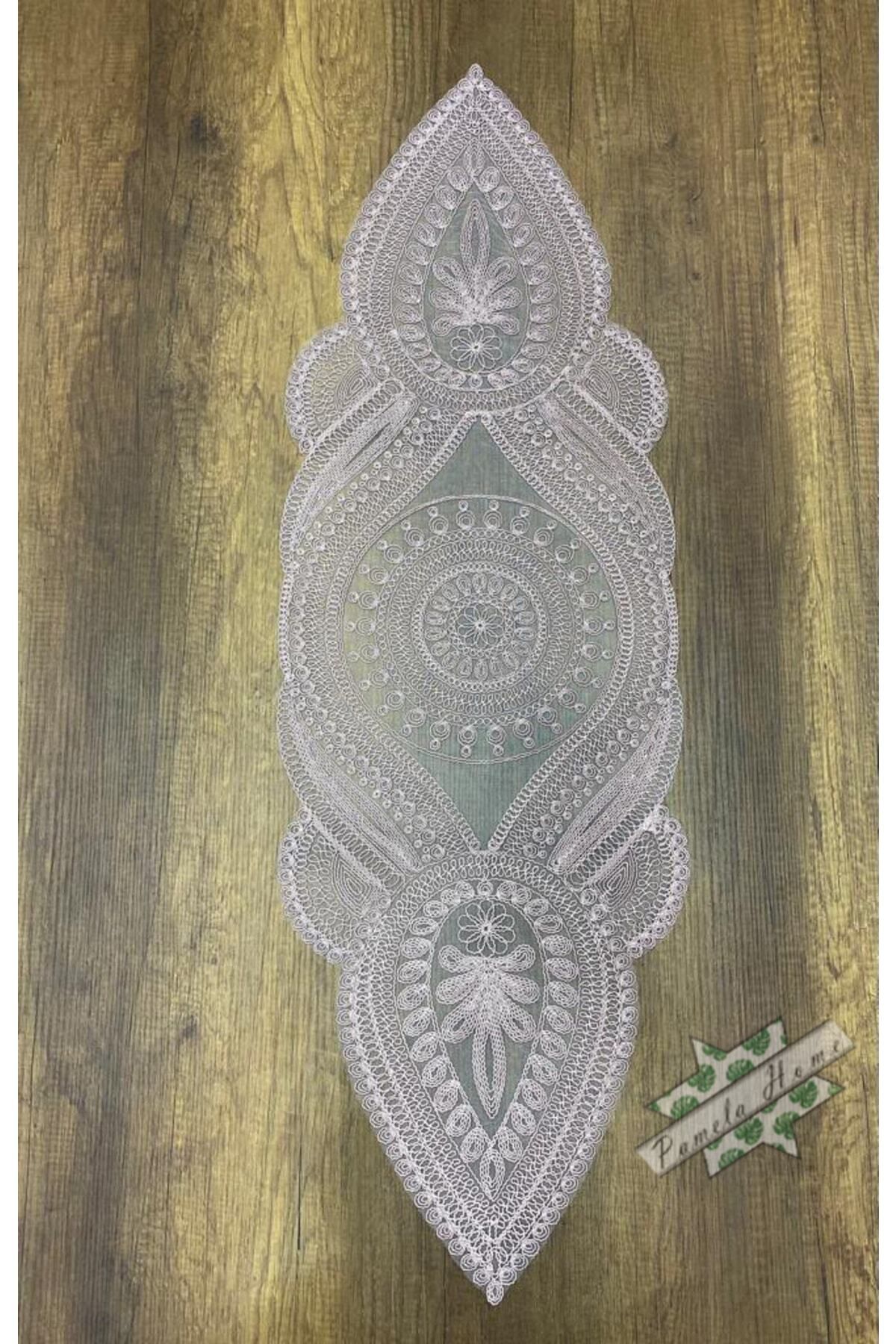 Elioure Şık ve modern işlemeli pudra renkli uzun tasarım runner 115x35cm