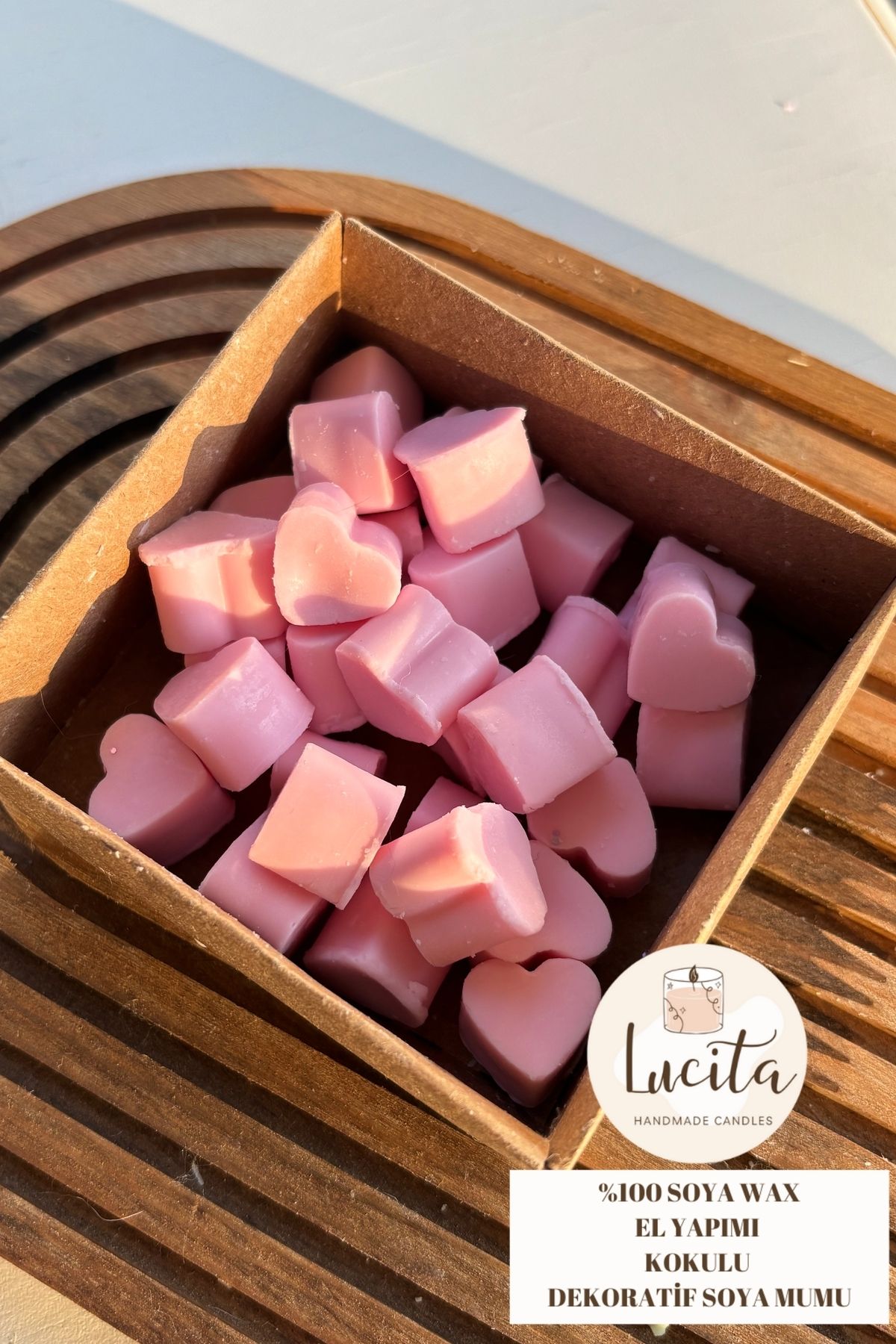 Elioure Vanilya Kokulu Minik Kalpli El Yapımı Mum, 50 Adet, Soy Wax, Pembe Renk