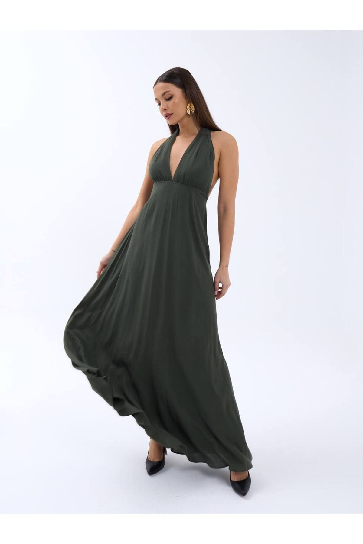 Aura 7 Collection Kadın Giyim Halter Yaka Sırtı Bağlamalı Uzun Şık Elbise