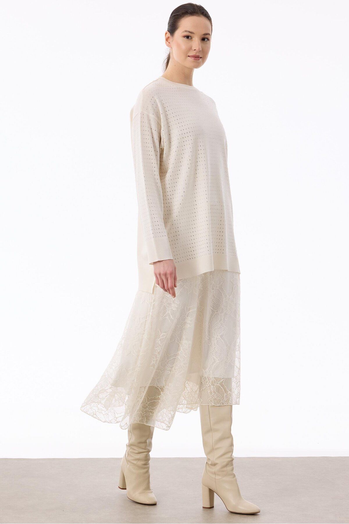 Tığ Triko Taş Baskılı Rayon Tunik VANİLYA