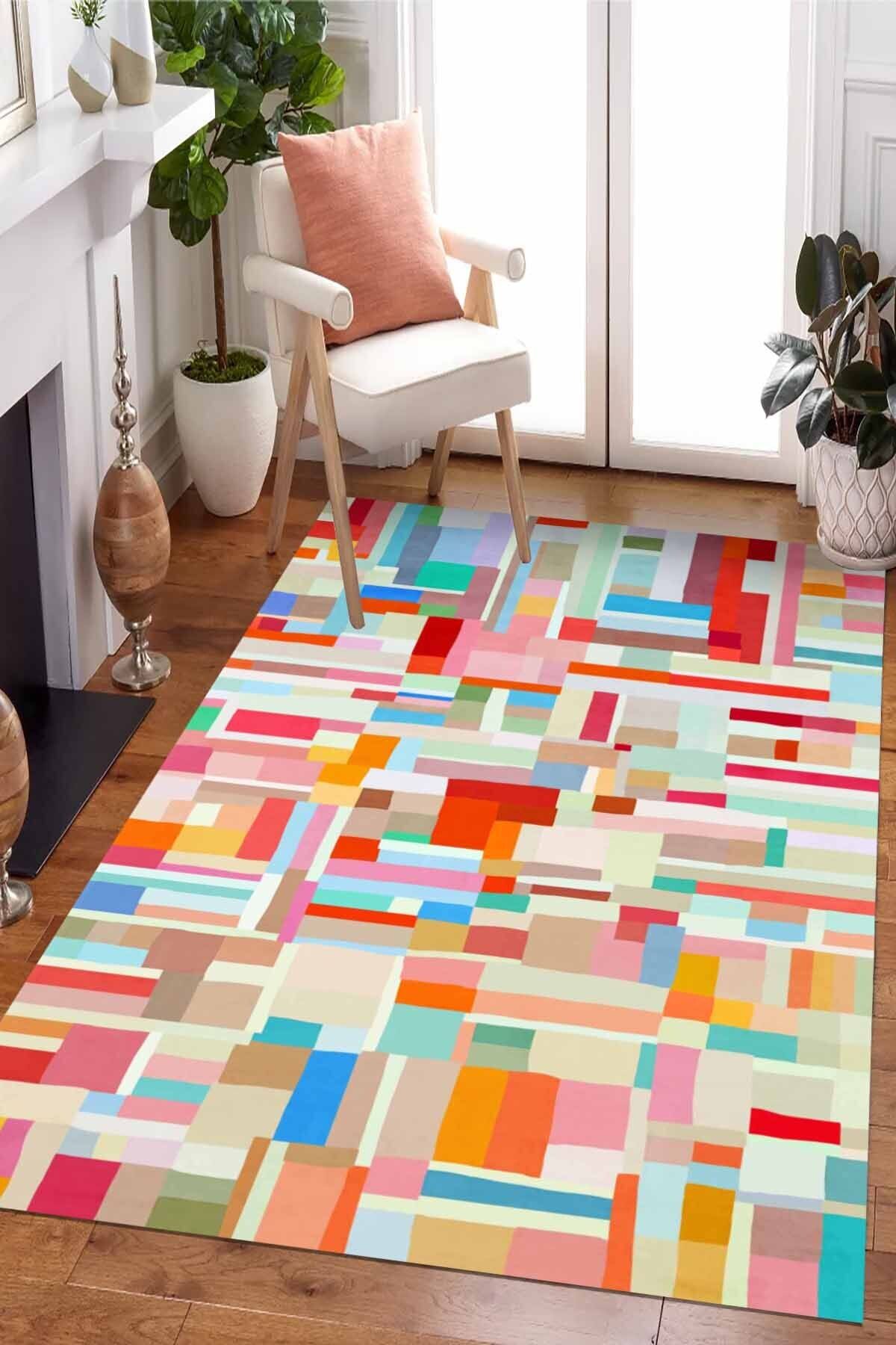 Lattedizayn Gerbera Eskitme Yıkanabilir Kaymaz Pamuk Taban Kadife Salon Mutfak Halısı Yolluk Kilim