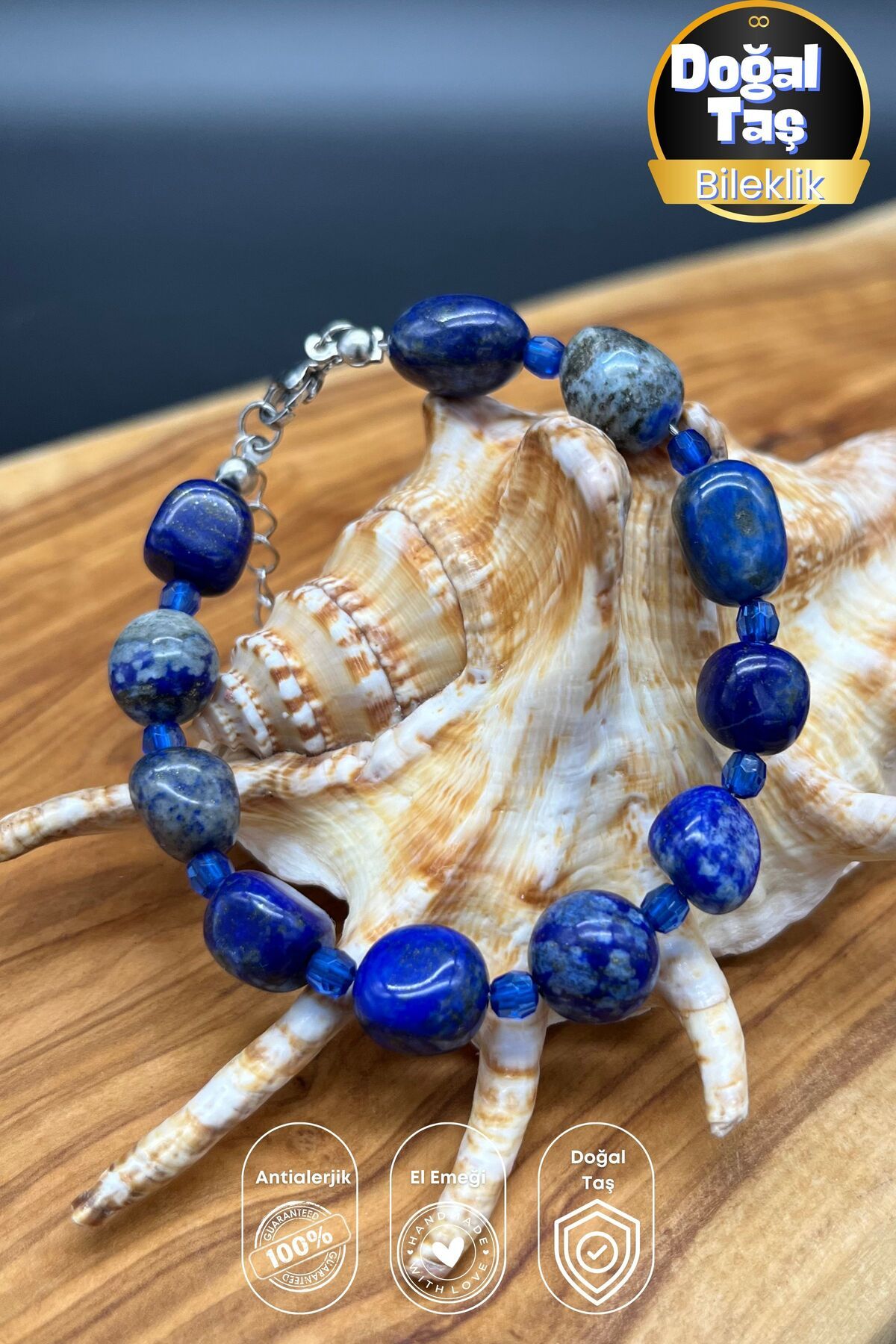 Balzamin Design Lapis Lazuli Gök Bilgeliği Doğal Taş Çelik Zincirli Bileklik