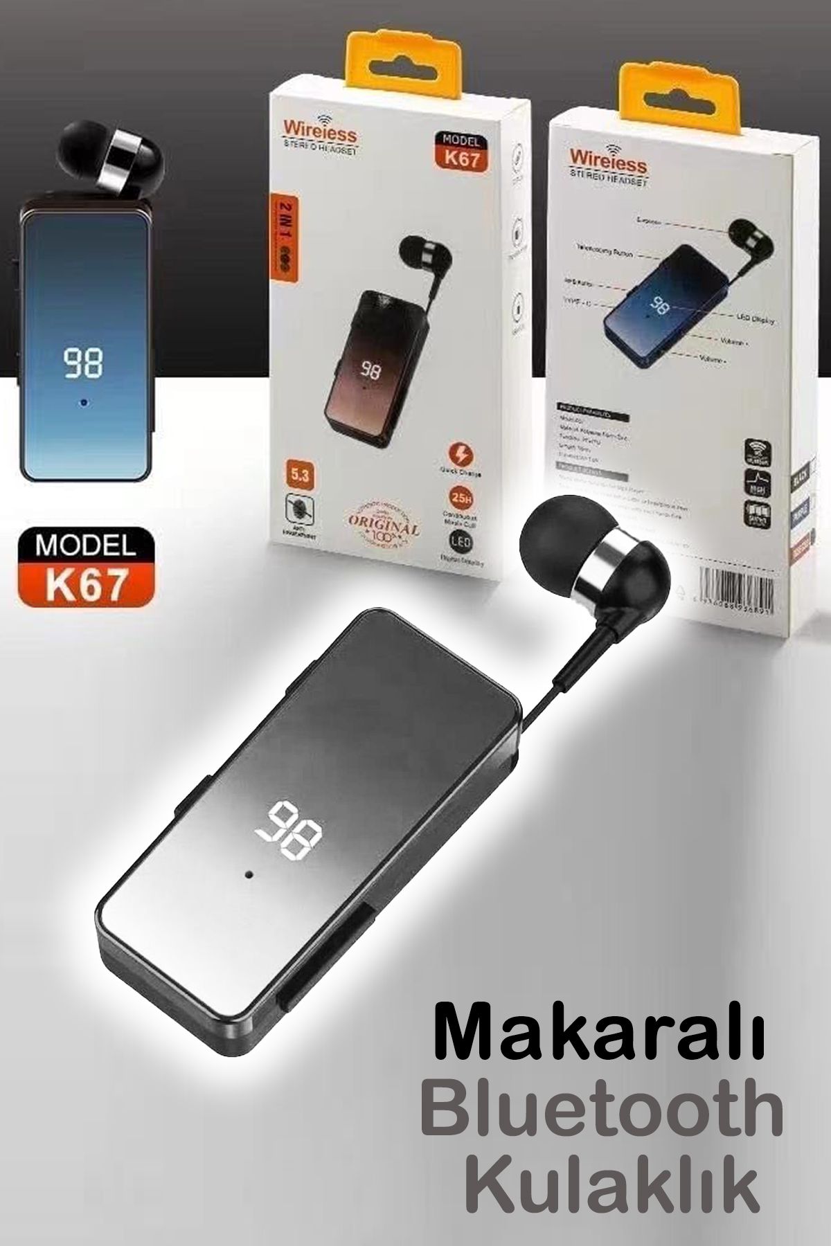 DigiMonster K67 Makaralı Bluetooth Kulaklık – Yaka Askılı, Şarj Göstergeli