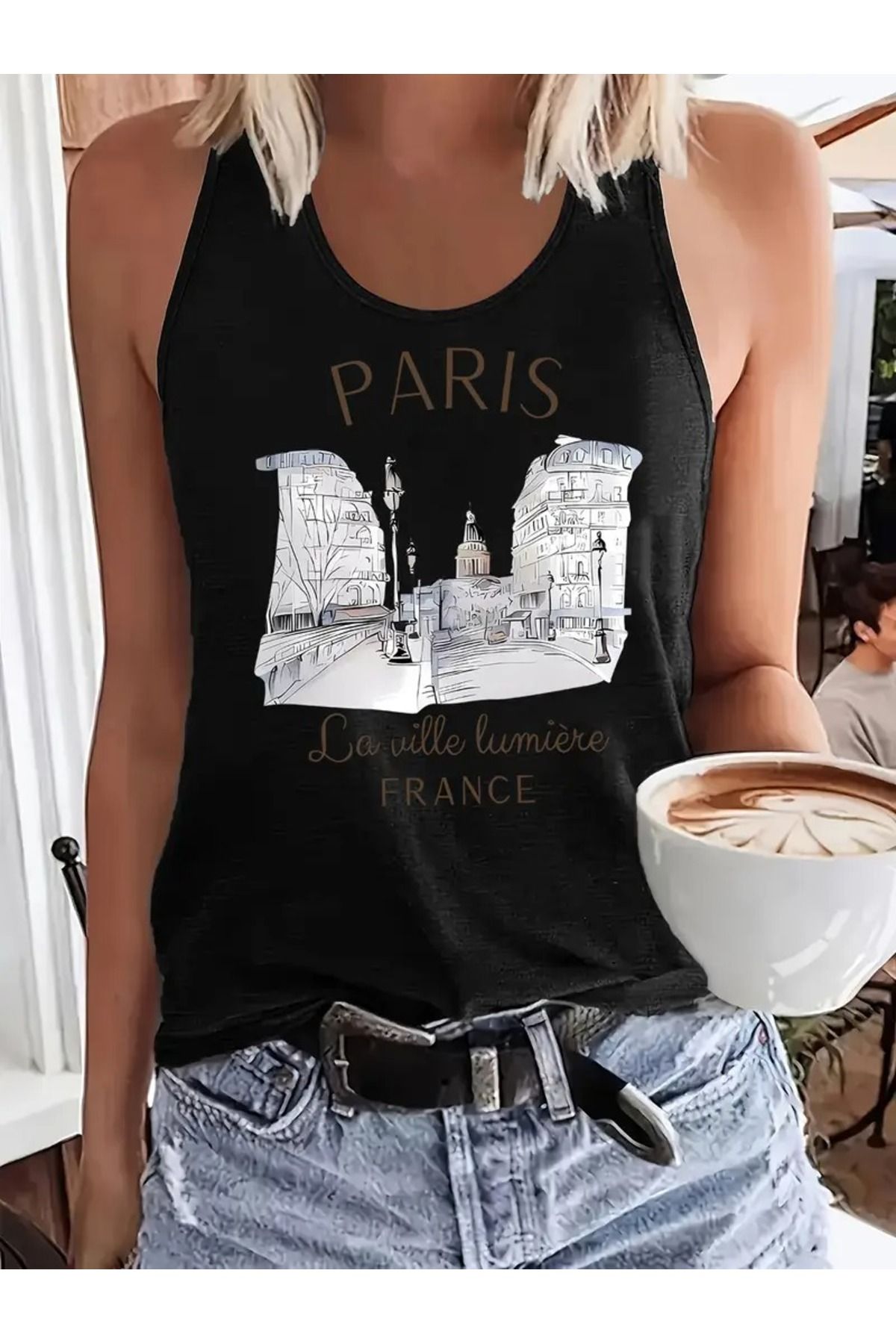 mercoledi Kadın Kolsuz Baskılı Yuvarlak Yaka Üst T-shirt