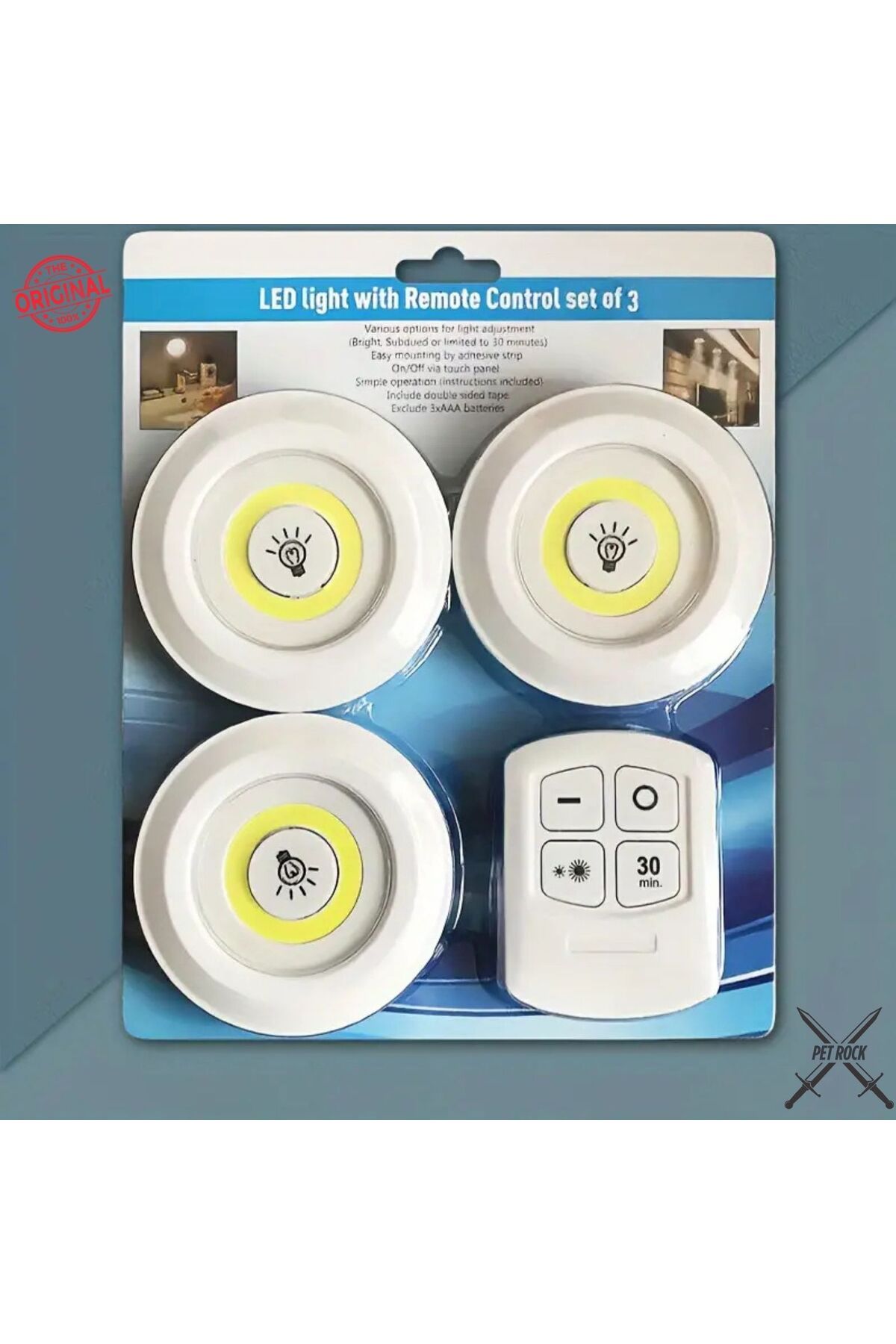 Pet Rock 3 Lü Kumandalı Yapışkanlı Kablosuz Pilli Led Spot Lamba Işıldak 010223