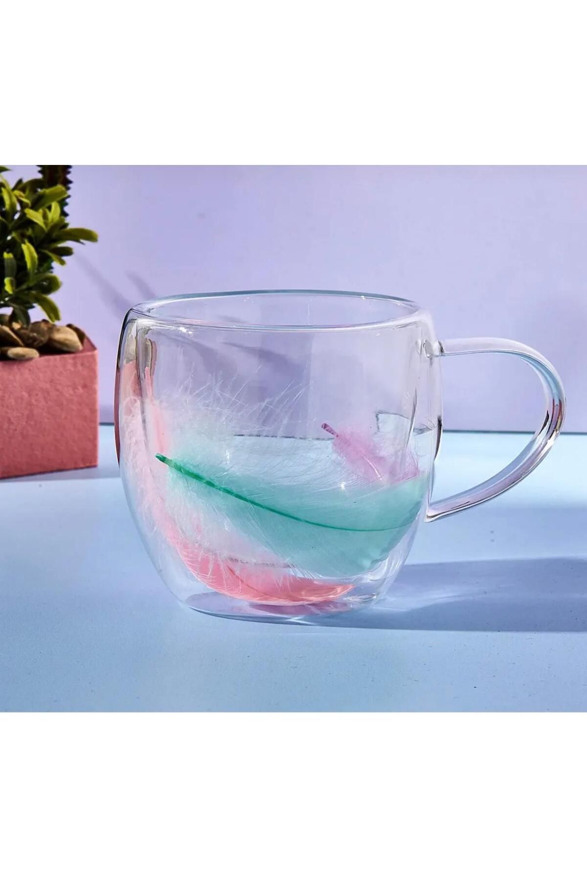 YzHome 2 Adet Çift Cidarlı Cam Bardak Tüylü Kupa 250ml