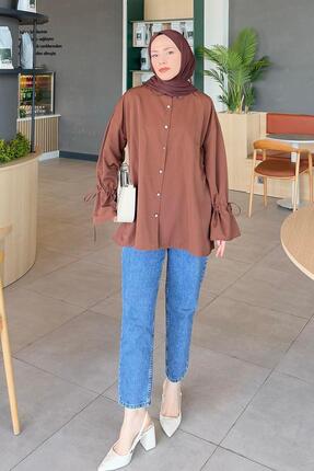 Lamelif Kol Tünel İp Detaylı Gömlek Acı Kahverengi