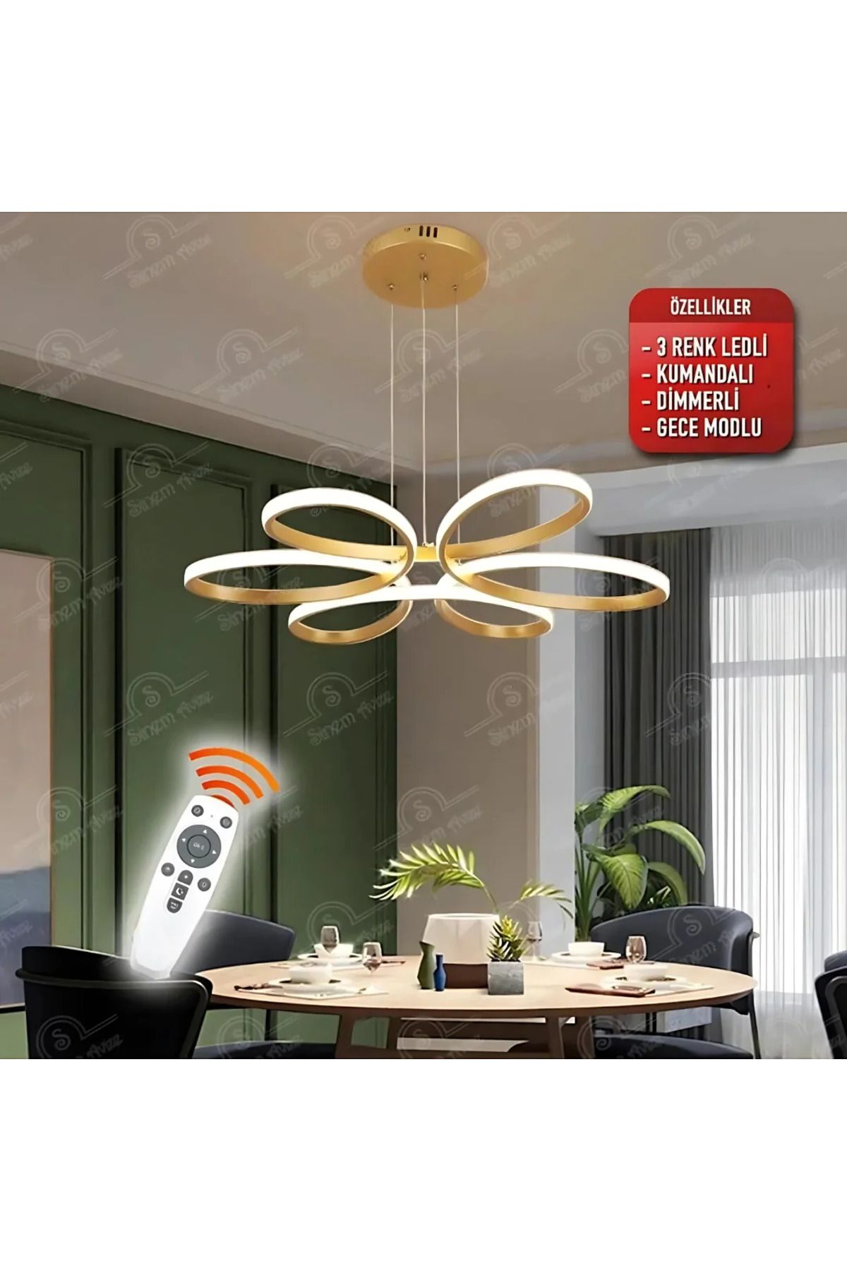 durulight Eskitme Kumandalı 3 Renk Ledli Dimmerli Sarkık Modern Ledli Avize