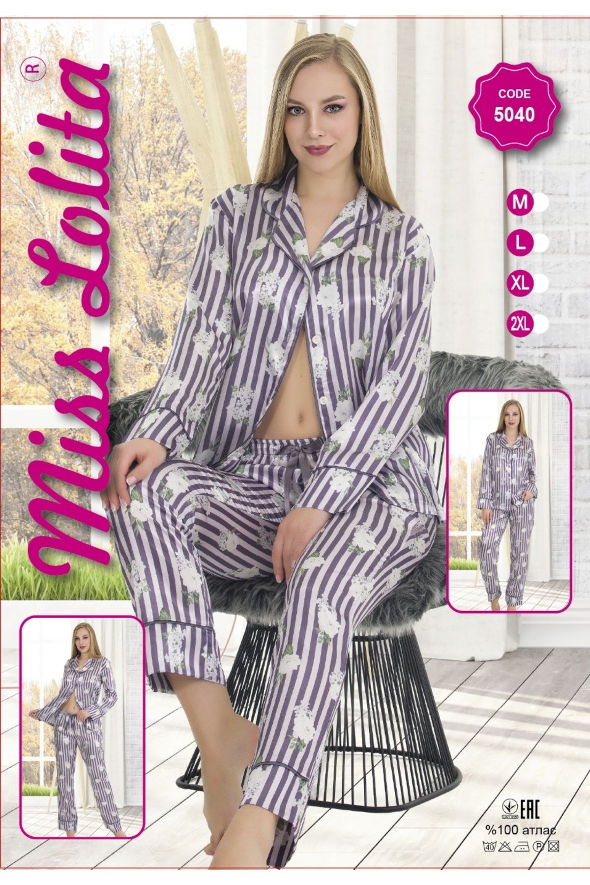 MİSS LOLİTA Kadın Uzun Kollu Likralı Saten Şık Pijama Takımı 5040