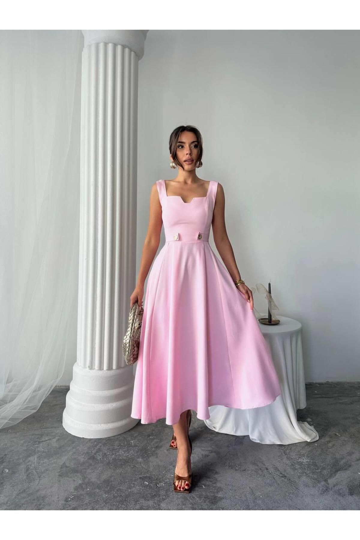 conconmoda Ayvel Atlas Düğme Detay Midi Elbise