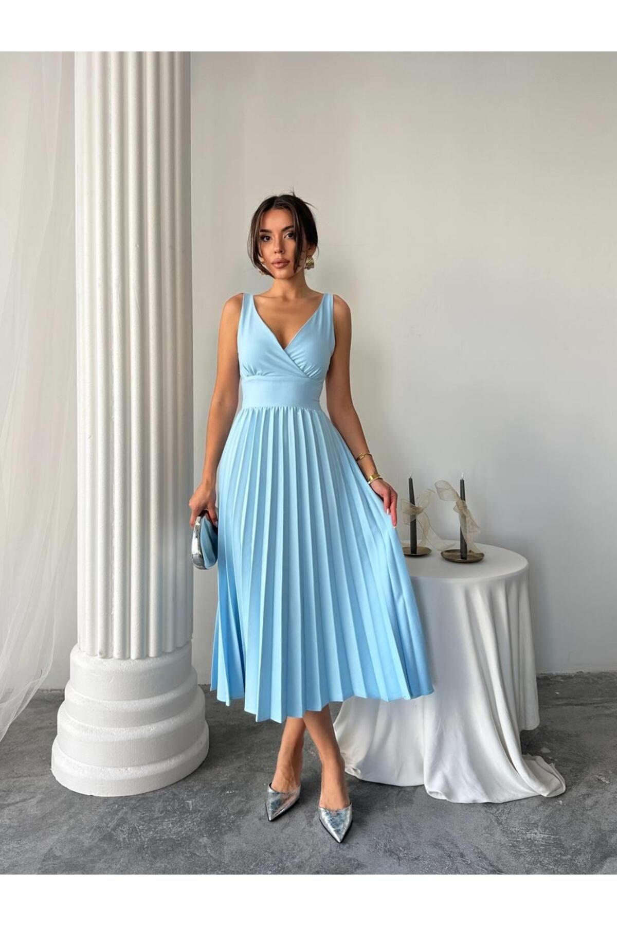conconmoda Alyosa Pileli V Yaka Midi Elbise