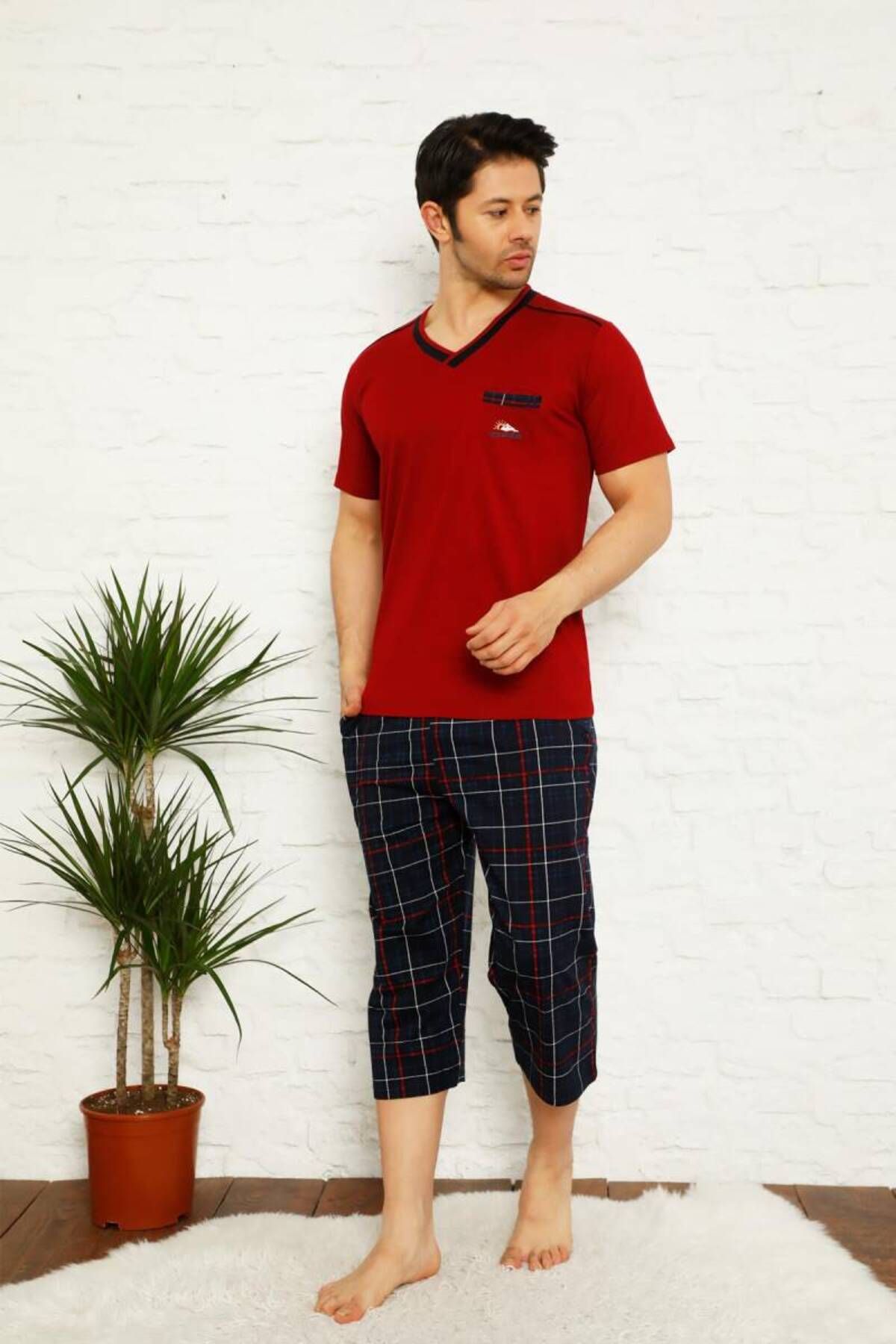 ALİMER Bordo Ekoseli Bermuda Erkek Pijama Takımı 1167b