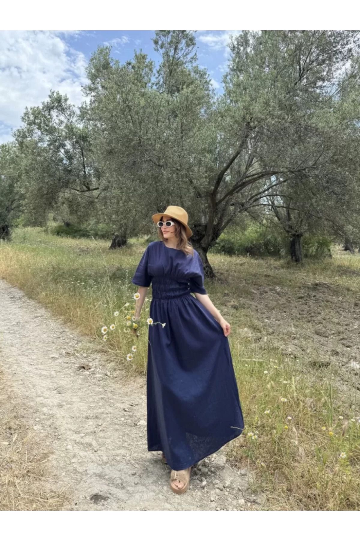 ruum fashions Keten Kısa Kollu uzun Elbise