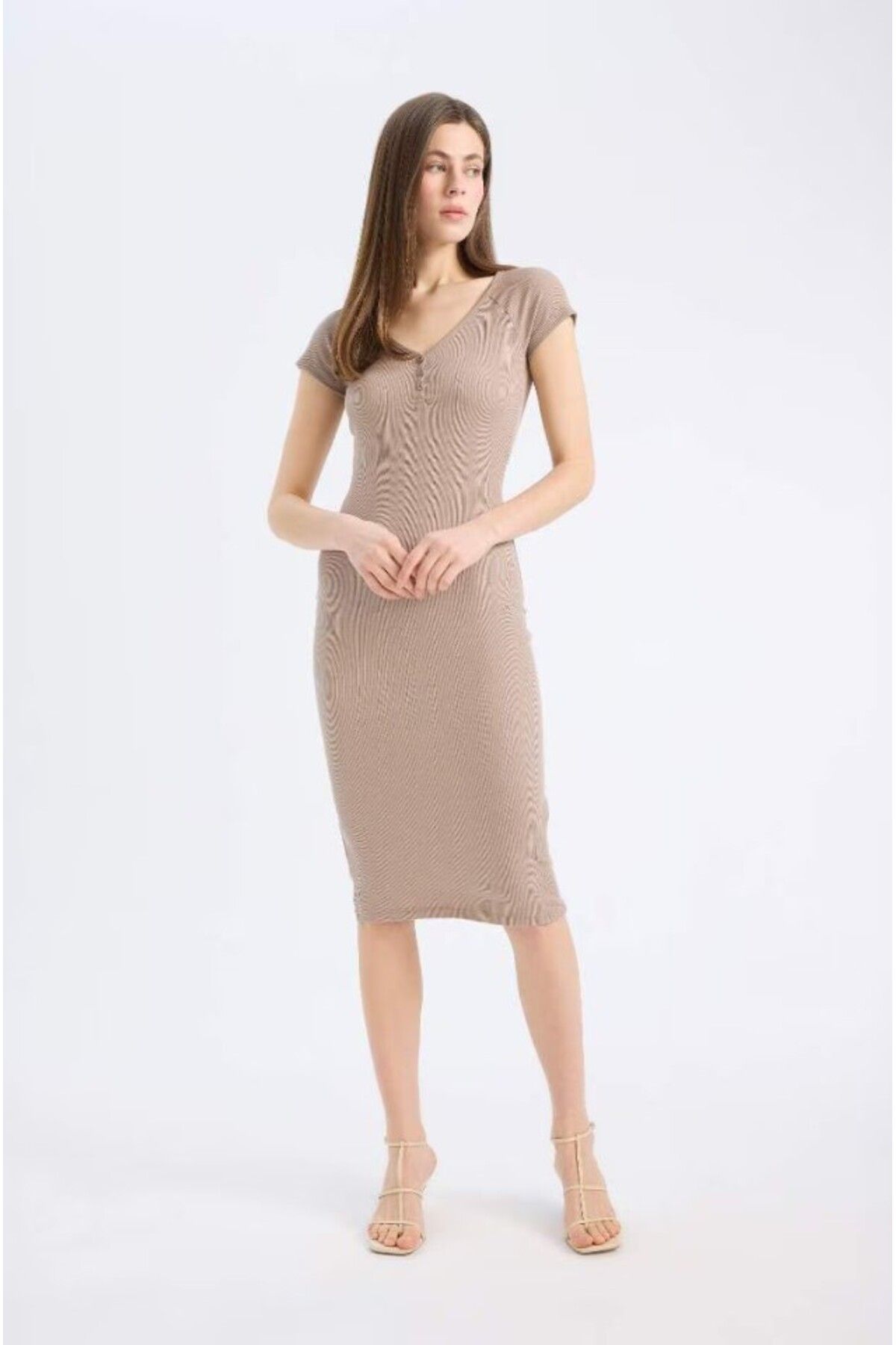 DeFacto Midi Elbise Vücudu Saran Kaşkorse Bodycon V Yaka Fitilli Kısa Kollu