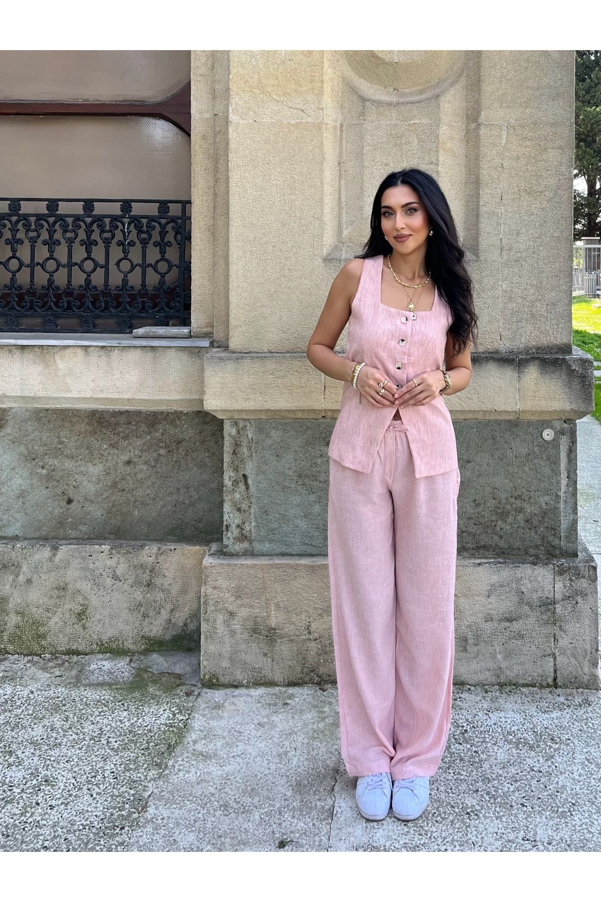BRW düğmeli pembe ikili takım