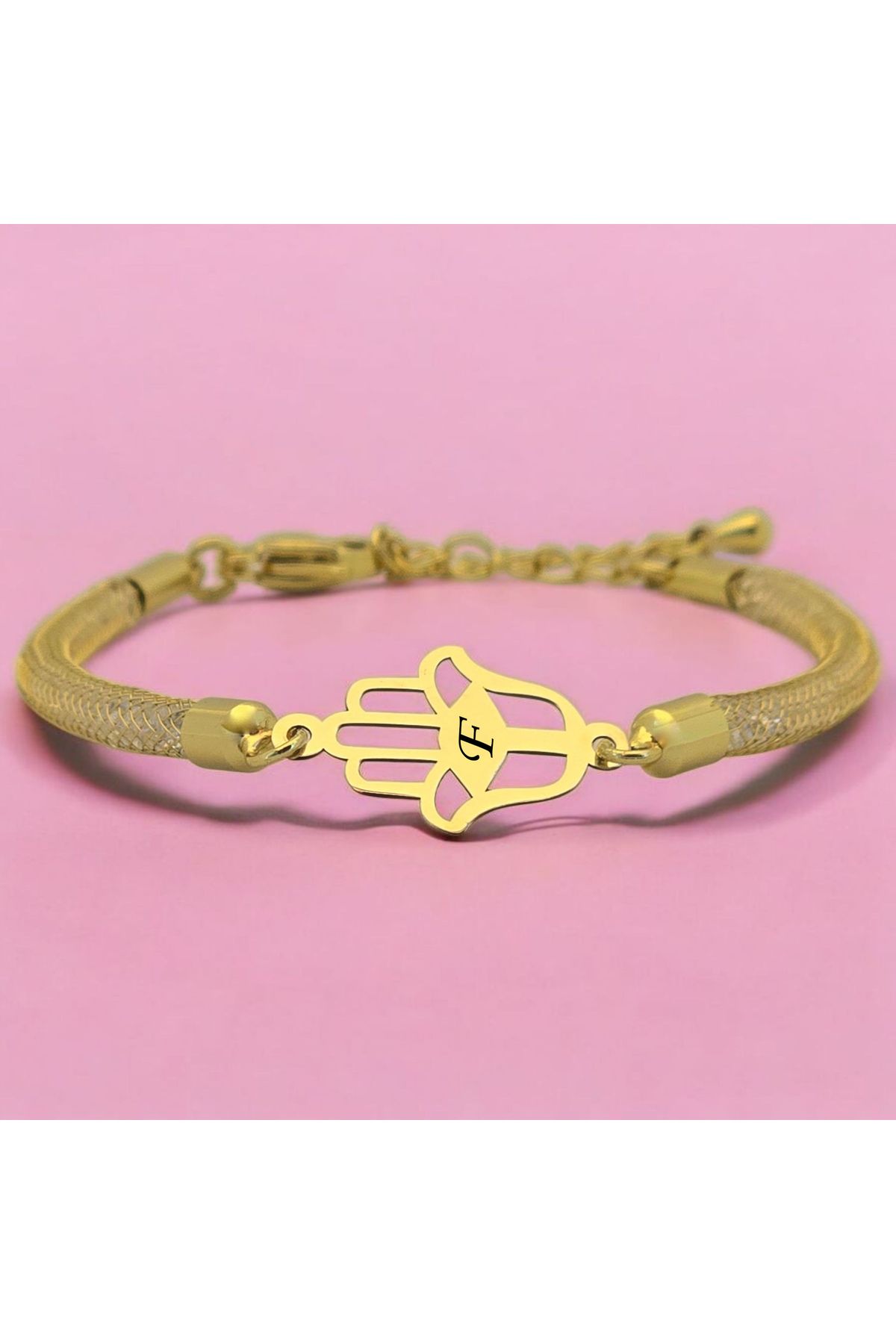 ARCHINO GOLD F Harfine Özel Hasır Kordonlu Hamsa Motifli 14 Ayar Altın Plakalı Hediye Bileklik-499harf