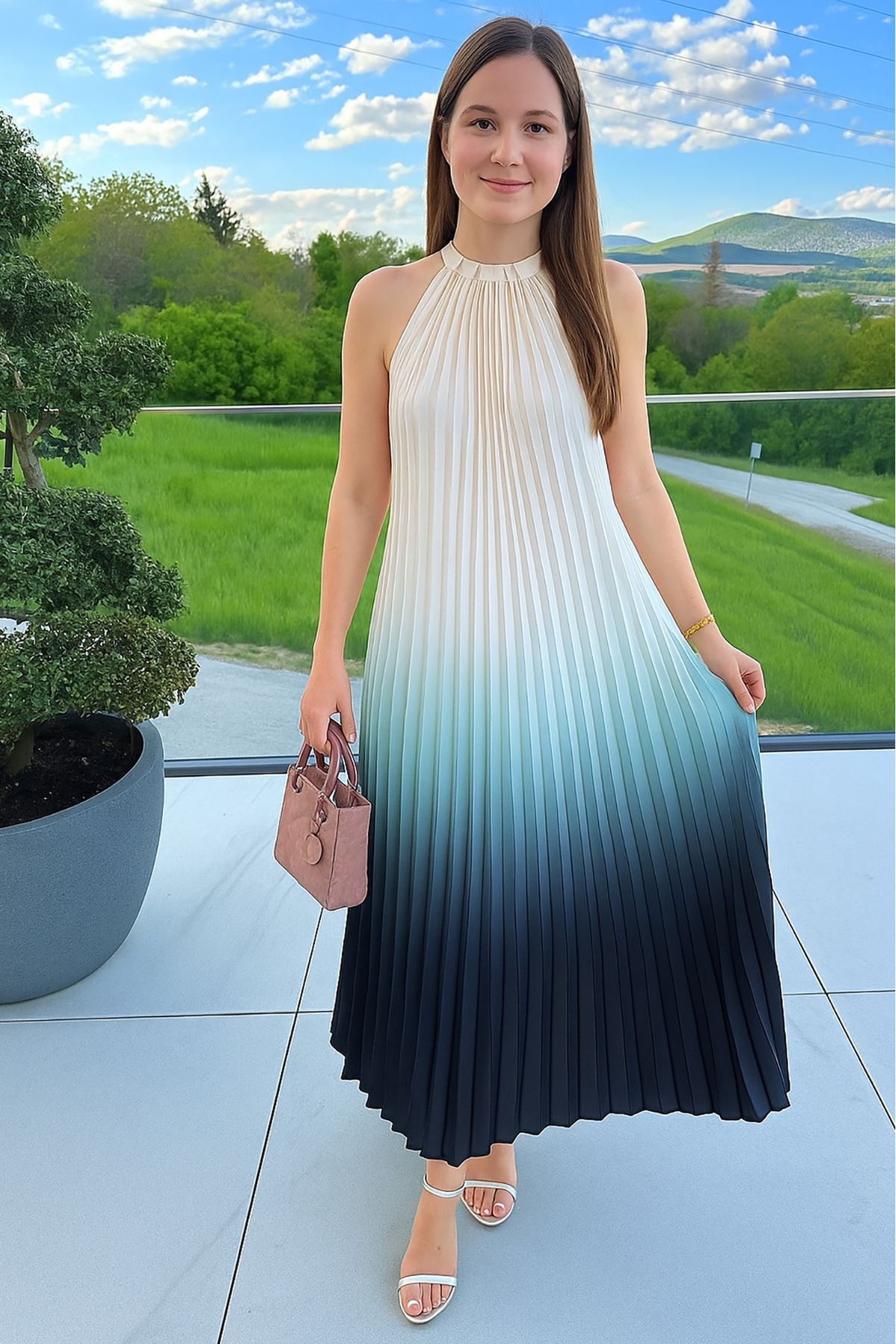 Neşeli Butik kadın halter yaka piliseli saten elbise NBEMP03