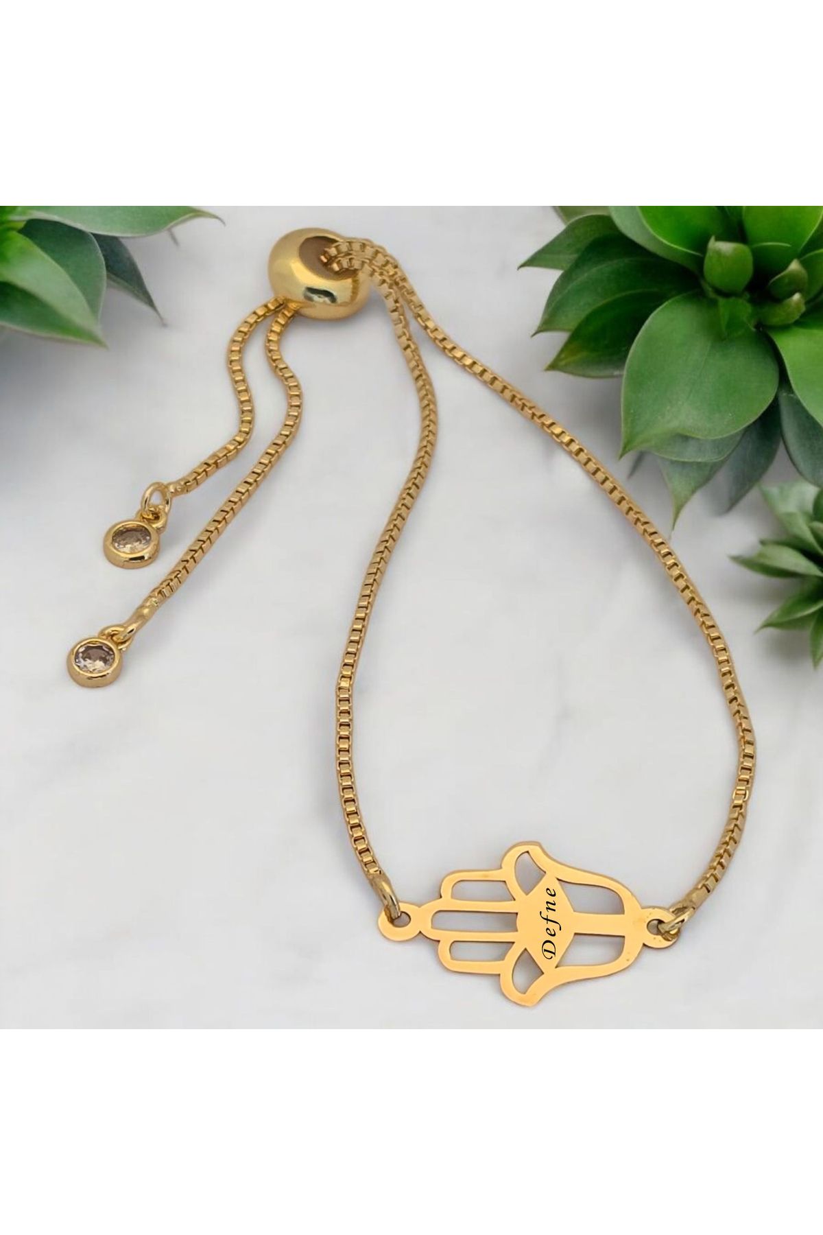 ARCHINO GOLD Defne İsmine Özel Hamsa Motifli 14 Ayar Altın Plakalı Zincirli Hediye Bileklik-497isim