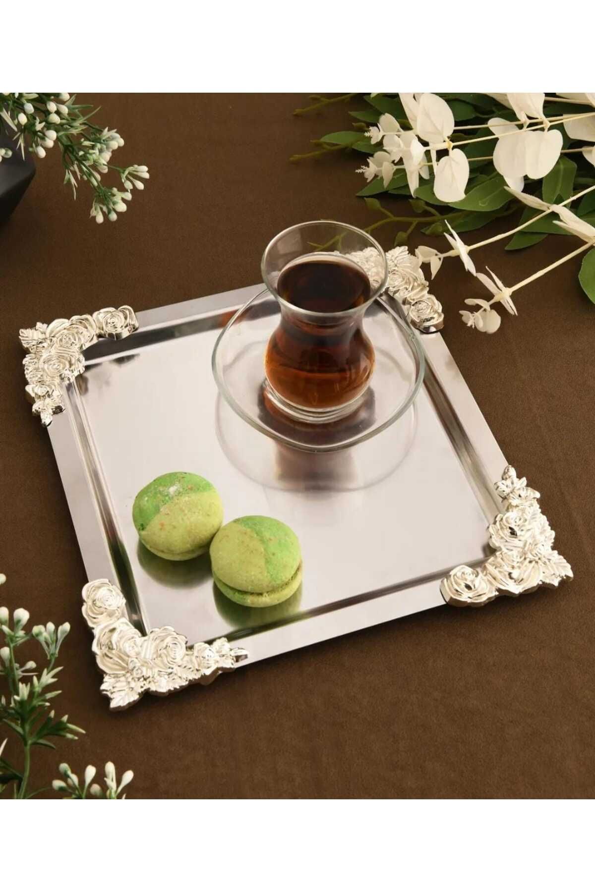 Elk Home LÜX 4 KÖŞESİ GÜMÜŞ GÜLLÜ PASLANMAZ ÇELİK KARE 1 ADET SERVİS SUNUM İKRAM SÖZ NİŞAN TEPSİSİ