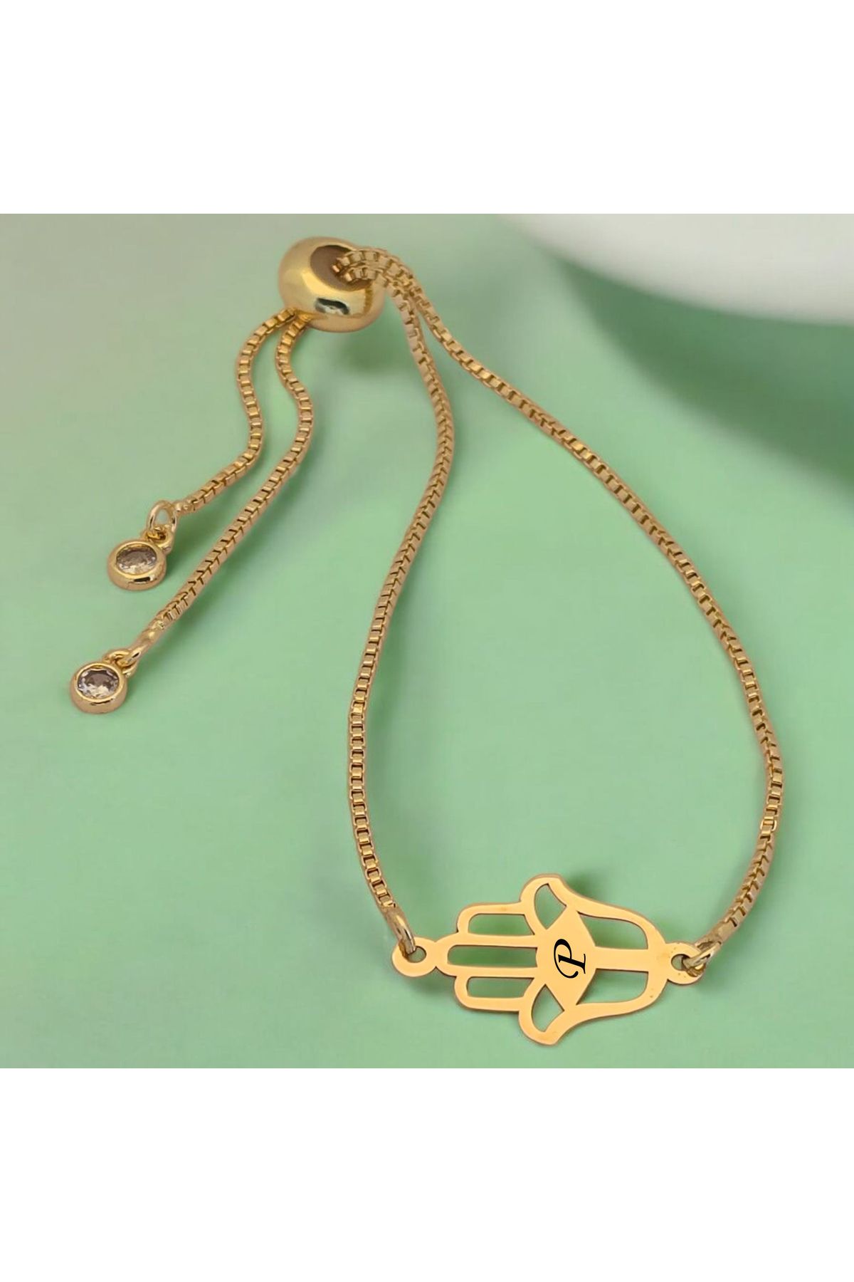 ARCHINO GOLD P Harfine Özel Hamsa Motifli 14 Ayar Altın Plakalı Zincirli Hediye Bileklik-497harf