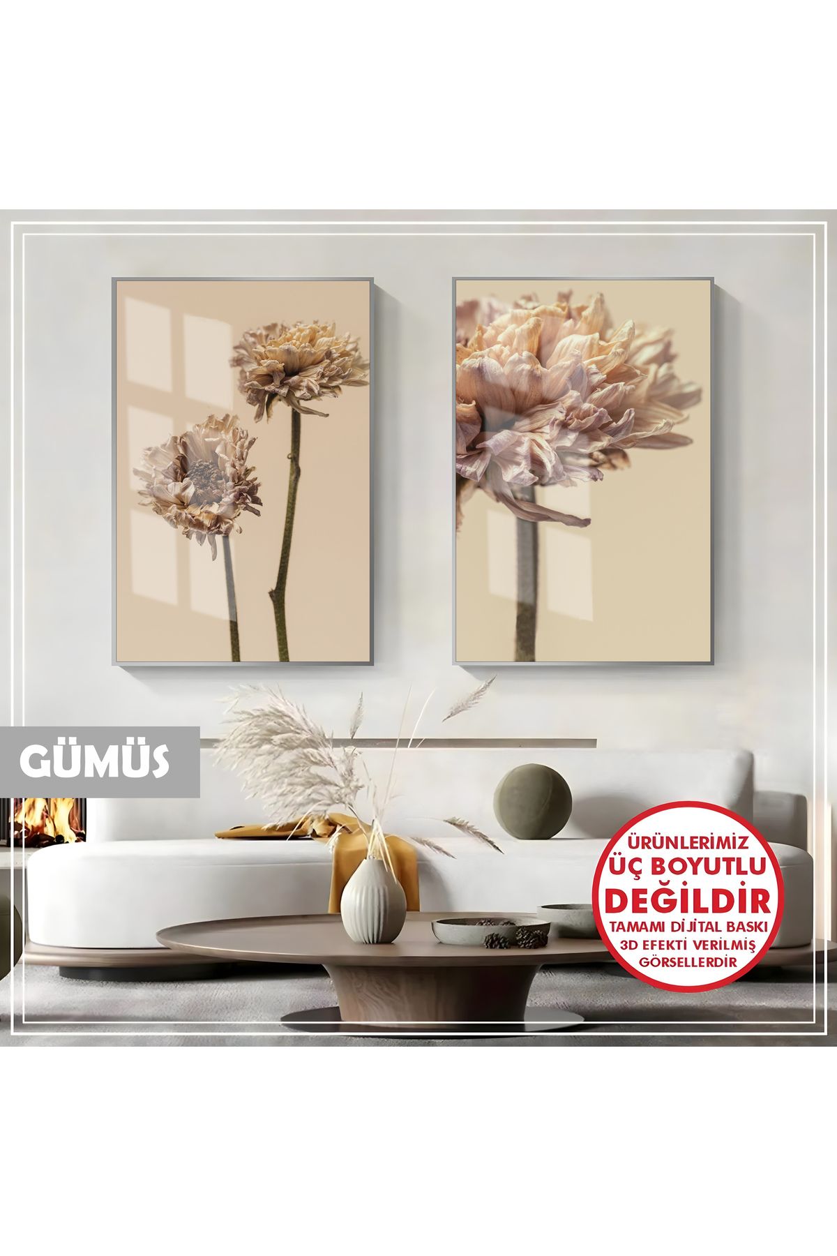 Harikabirev HARİKABİREV|SOFT KURU ÇİÇEK KOMBİNİ (DRIED FLOWER) KOMBİNi |ÇERÇEVELİ CAM TABLO 2Lİ DİKEY
