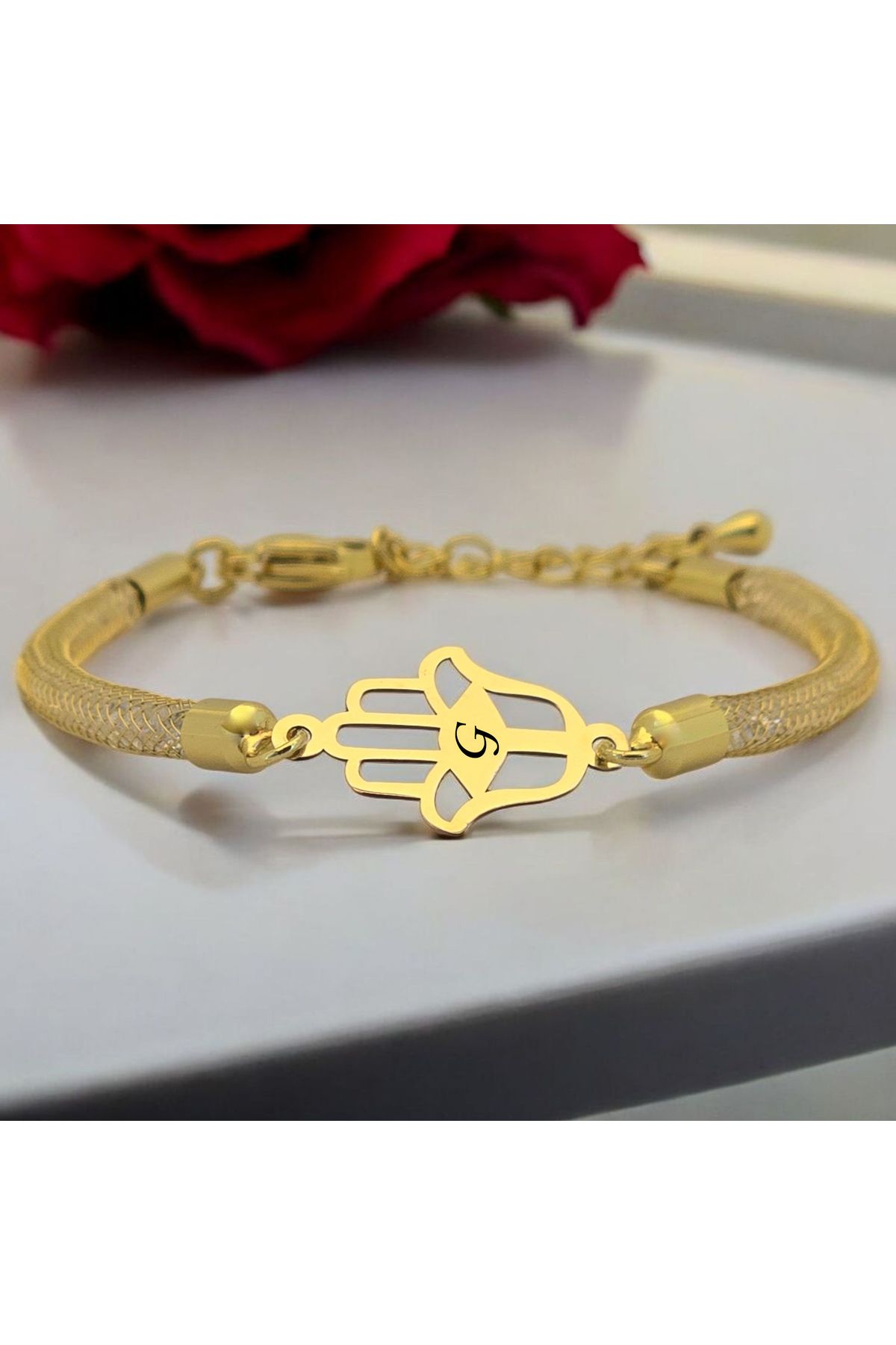 ARCHINO GOLD G Harfine Özel Hamsa Motifli 14 Ayar Altın Plakalı Hasır Kordonlu Hediye Bileklik-499harf