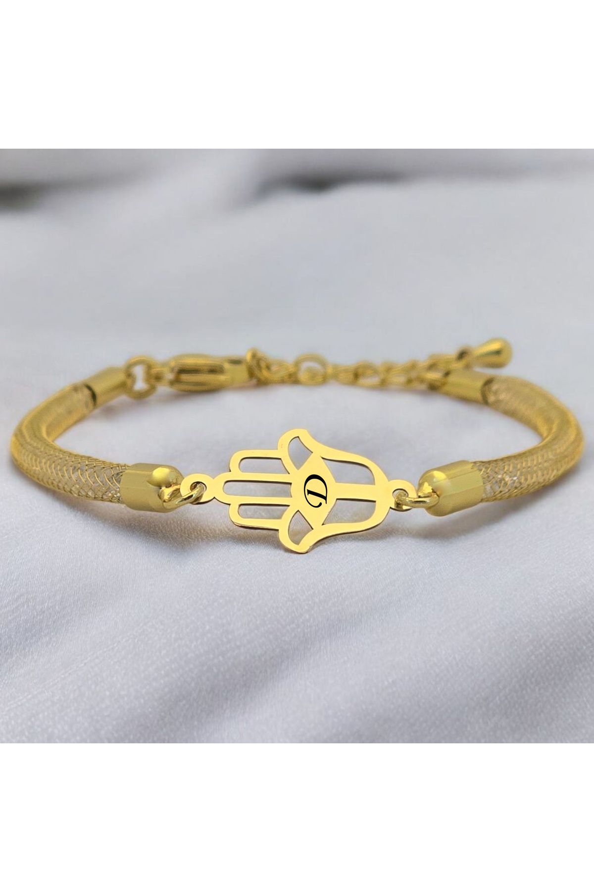 ARCHINO GOLD D Harfine Özel Hamsa Motifli 14 Ayar Altın Plakalı Hasır Kordonlu Hediye Bileklik-499harf