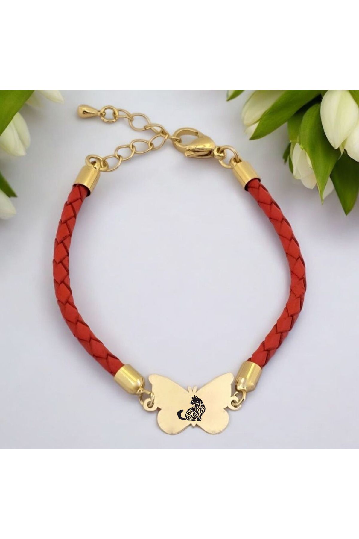 ARCHINO GOLD Kedi Temalı Kelebek Motifli 14 Ayar Altın Plakalı Turuncu Derili Hediye Bileklik-502sembol
