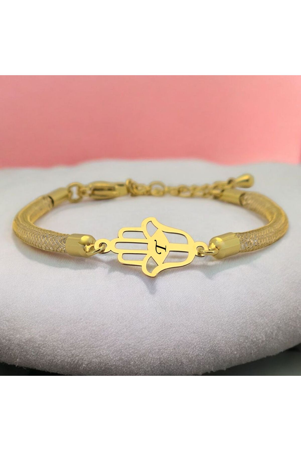 ARCHINO GOLD T Harfine Özel 14 Ayar Altın Plakalı Hasır Kordonlu Hamsa Motifli Hediye Bileklik-499harf